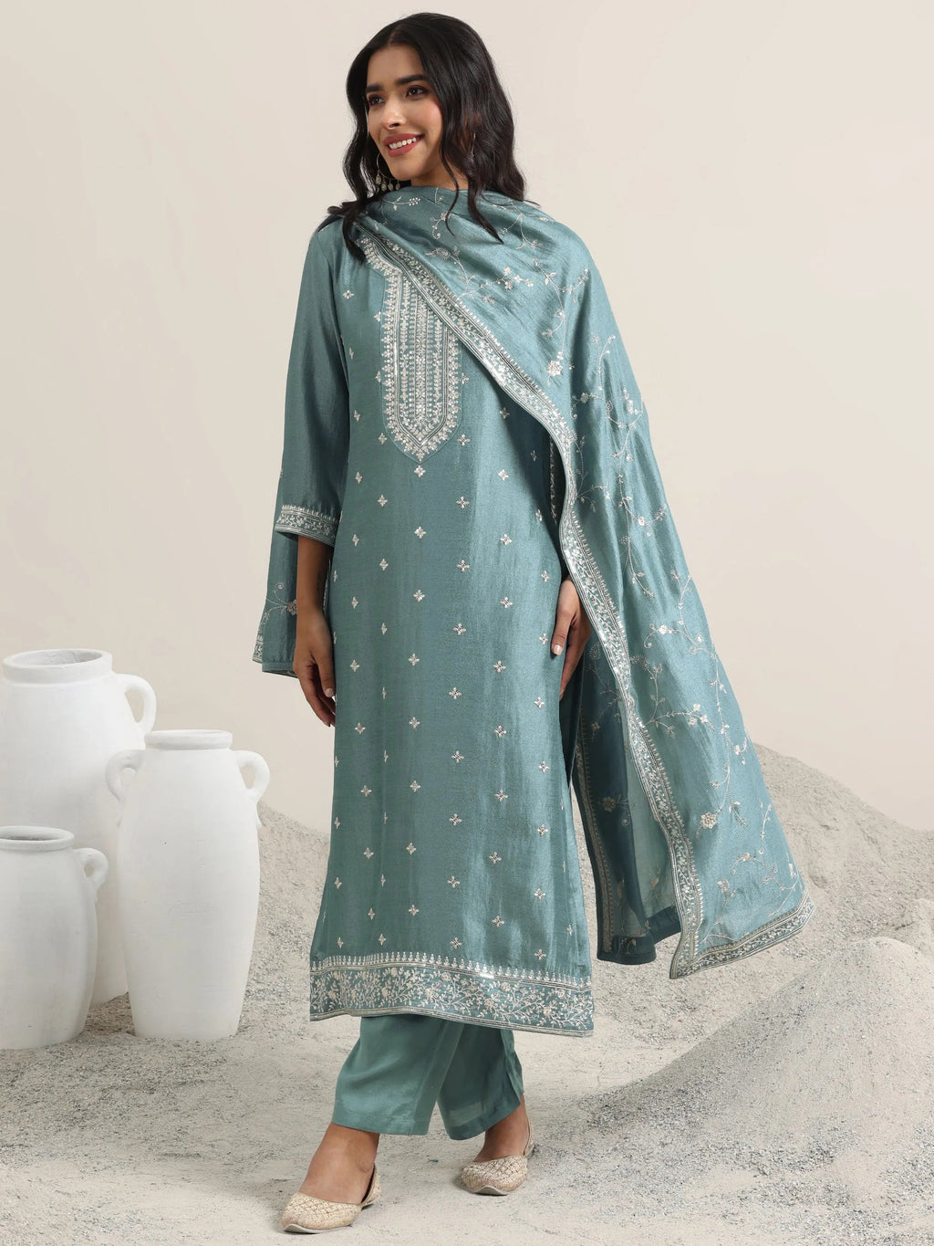 Blue Embroidered Silk Blend Straight Suit With Dupatta