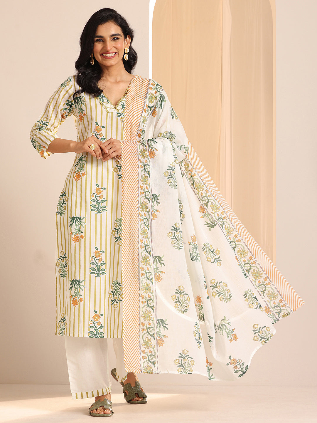 Off White Printed Cotton Straight Suit Sets With Dupatta