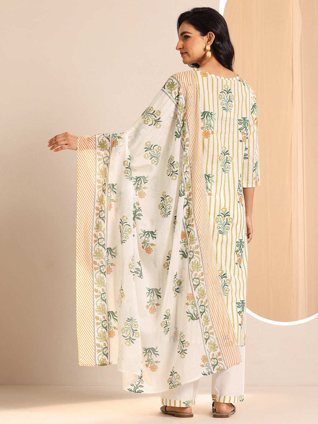 Off White Printed Cotton Straight Suit Sets With Dupatta