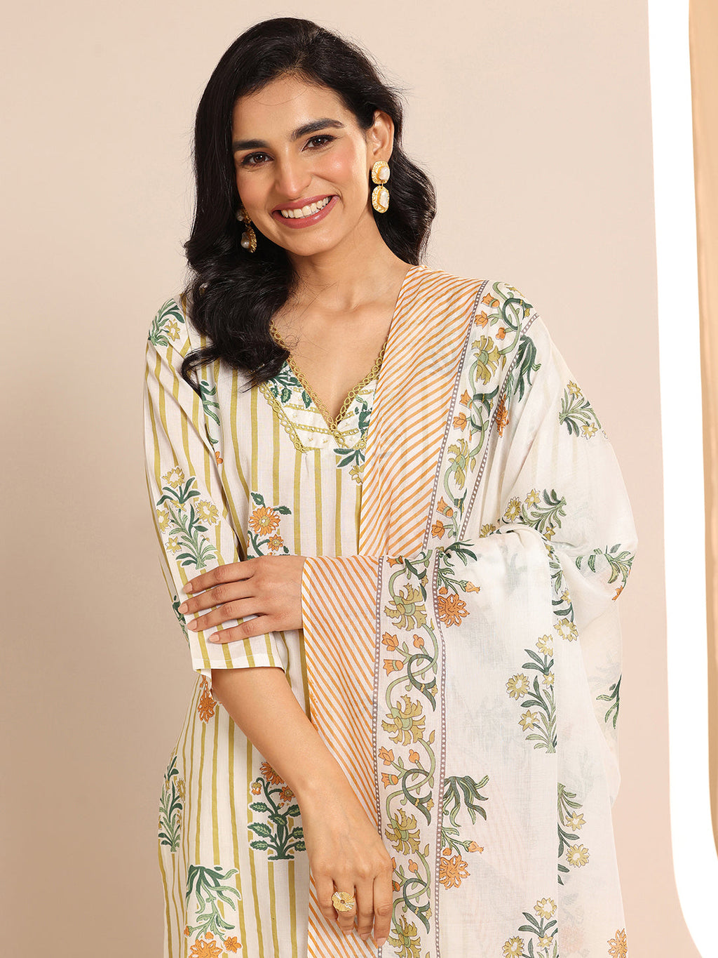 Off White Printed Cotton Straight Suit Sets With Dupatta