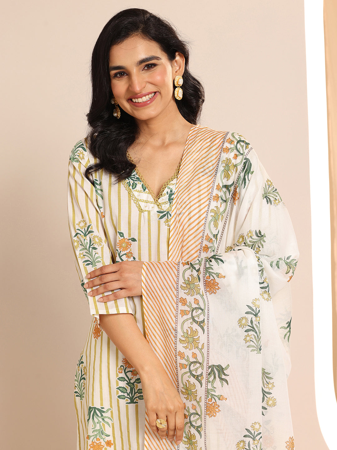 Off White Printed Cotton Straight Suit Sets With Dupatta