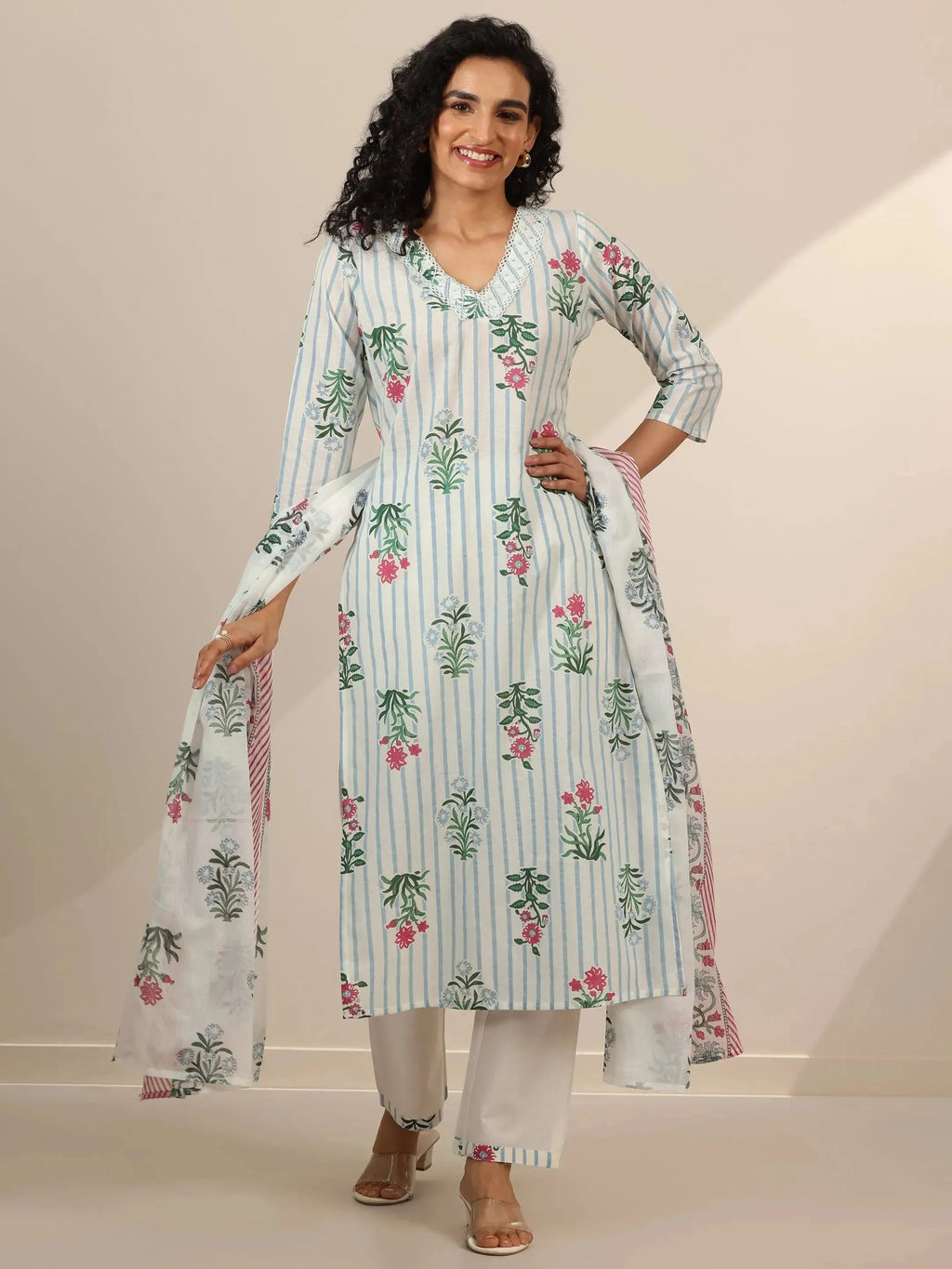 Off White Printed Cotton Straight Suit Sets With Dupatta