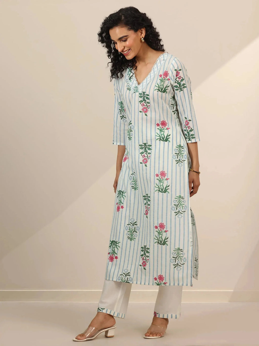 Off White Printed Cotton Straight Suit Sets With Dupatta