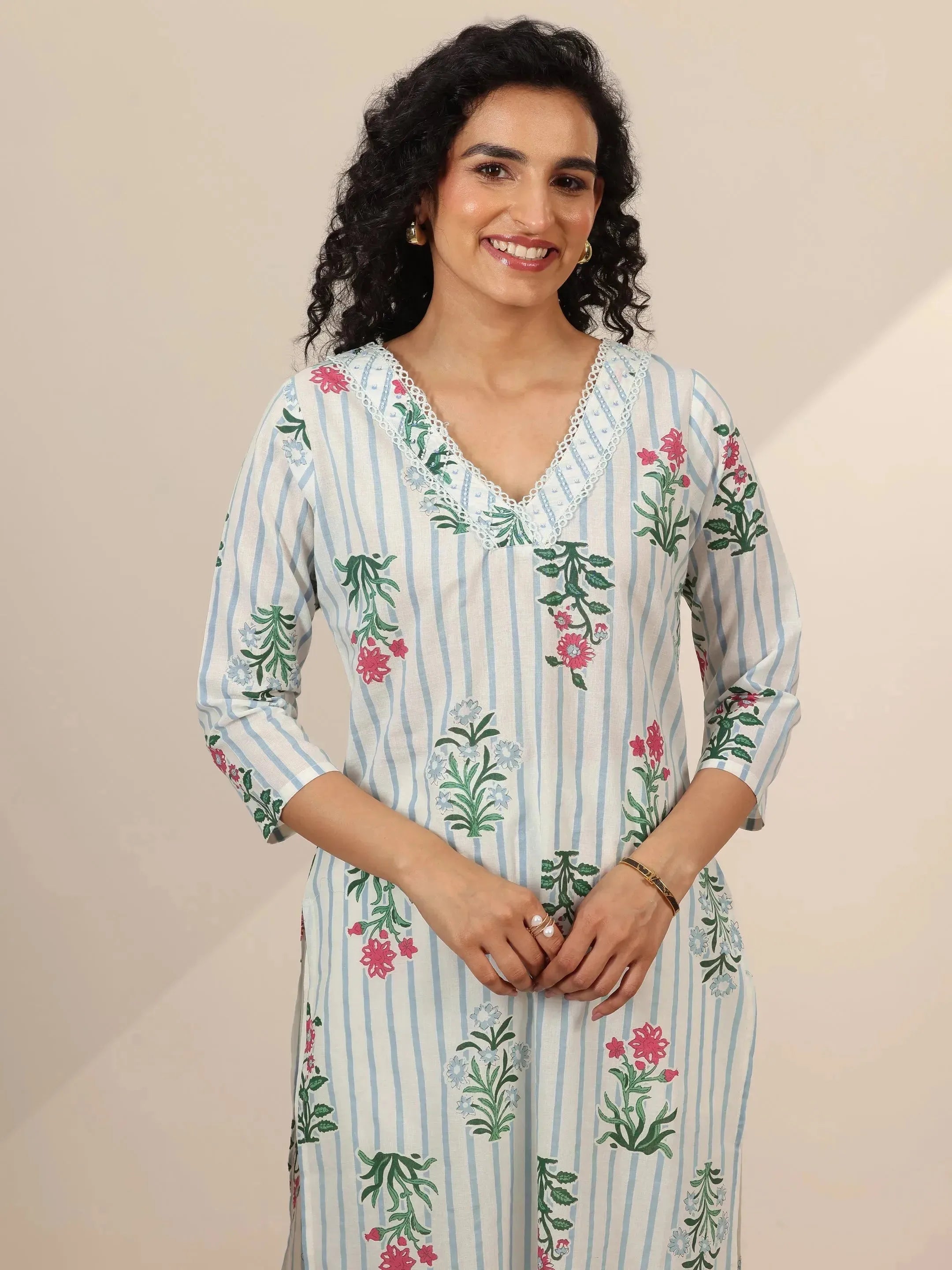 Off White Printed Cotton Straight Suit Sets With Dupatta