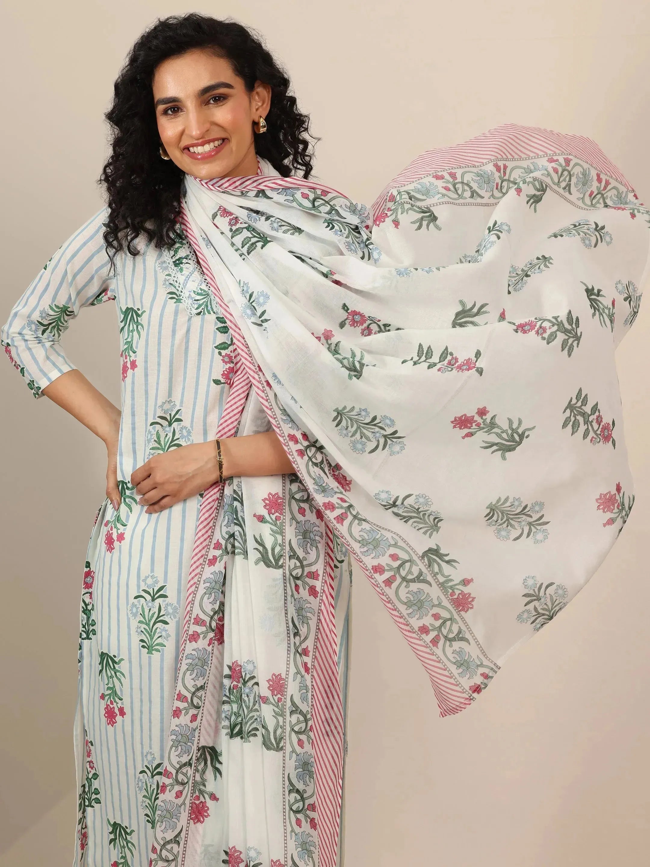 Off White Printed Cotton Straight Suit Sets With Dupatta
