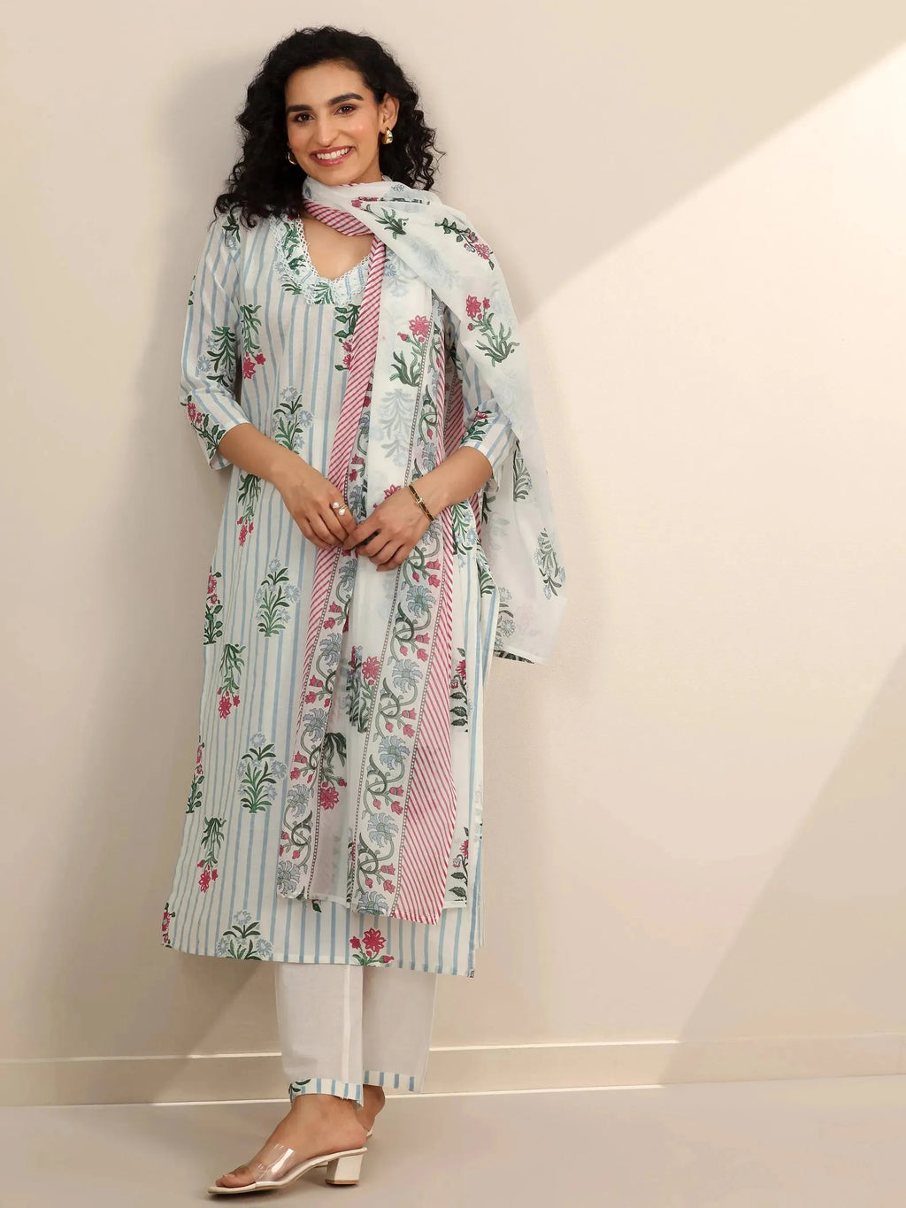 Off White Printed Cotton Straight Suit Sets With Dupatta
