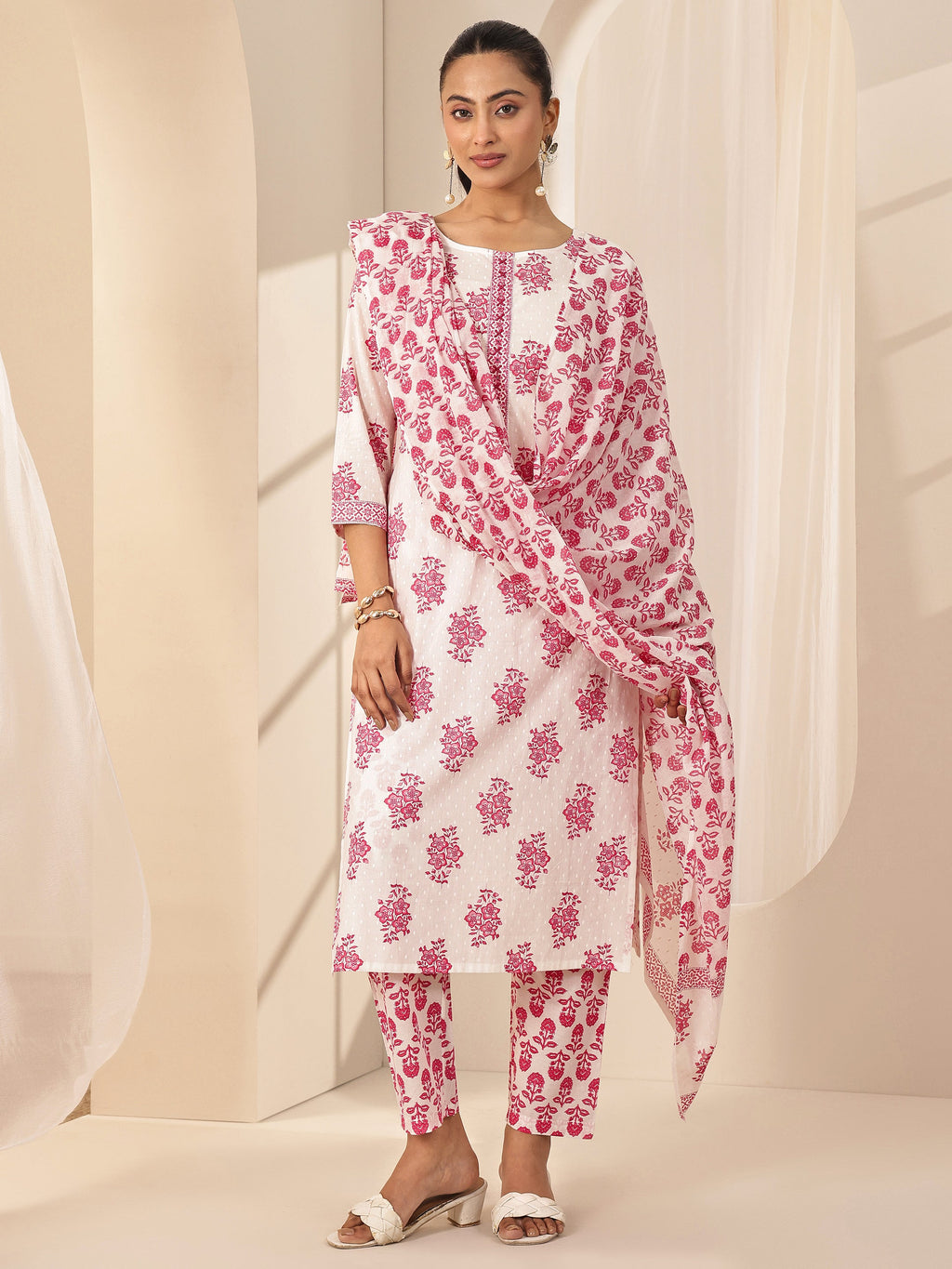 Off White Printed Cotton Straight Suit Sets With Dupatta