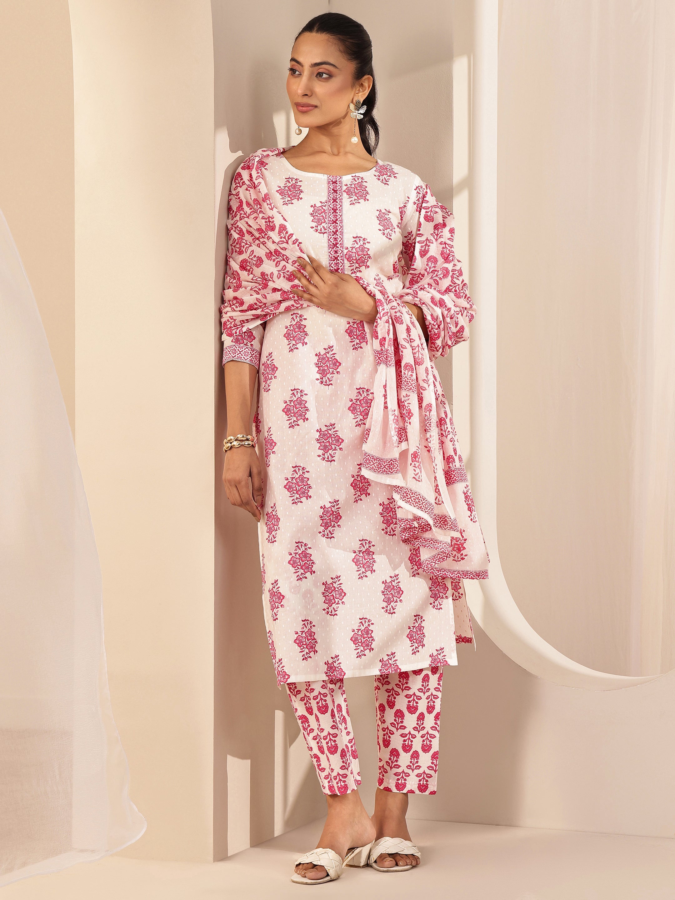 Off White Printed Cotton Straight Suit Sets With Dupatta