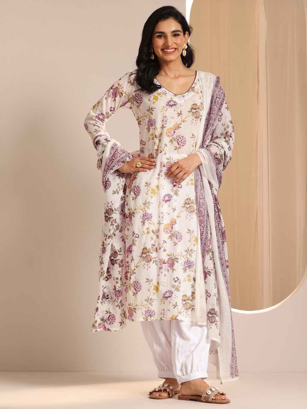 Off White Printed Cotton Straight Suit Sets With Dupatta