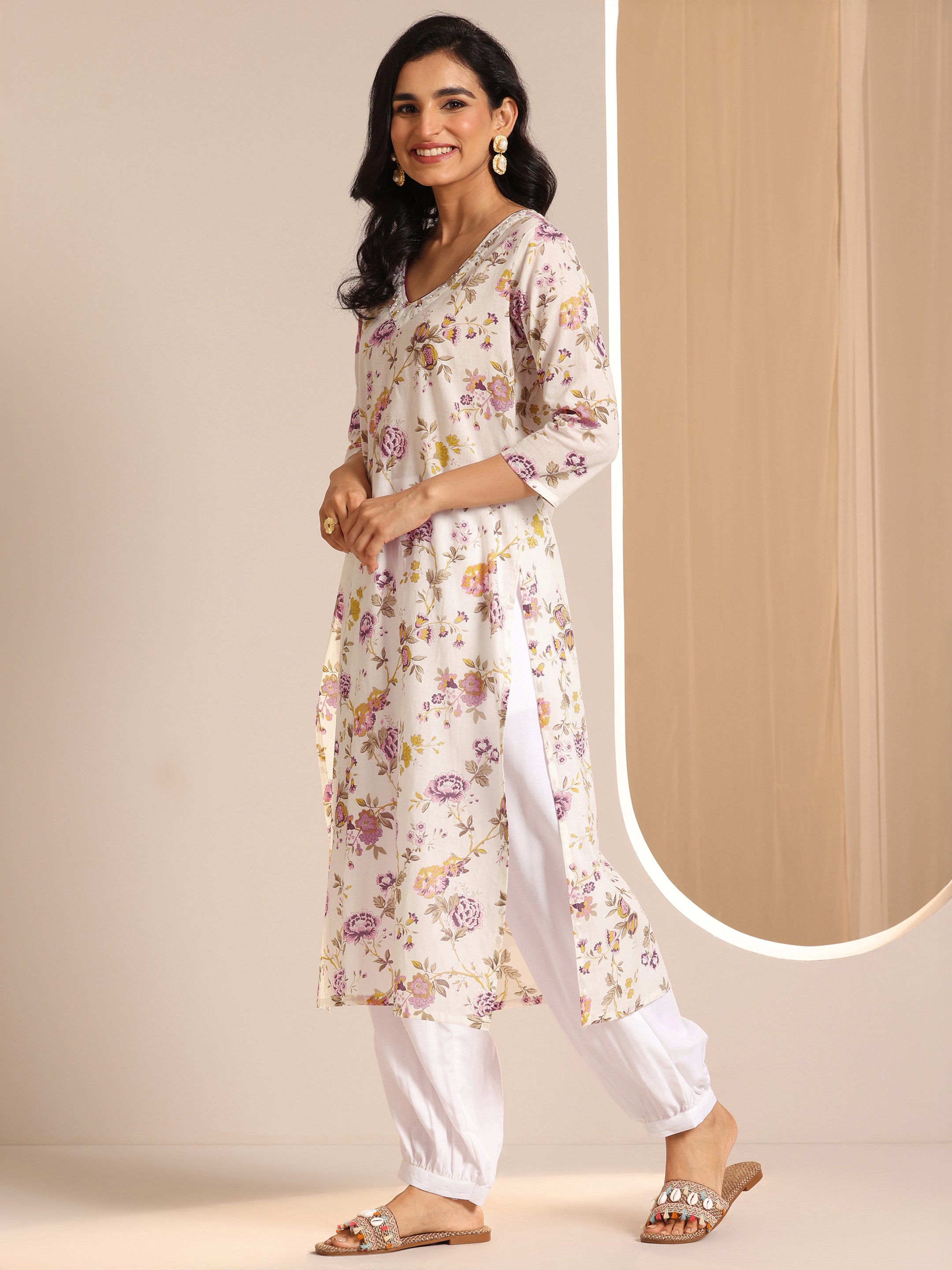 Off White Printed Cotton Straight Suit Sets With Dupatta