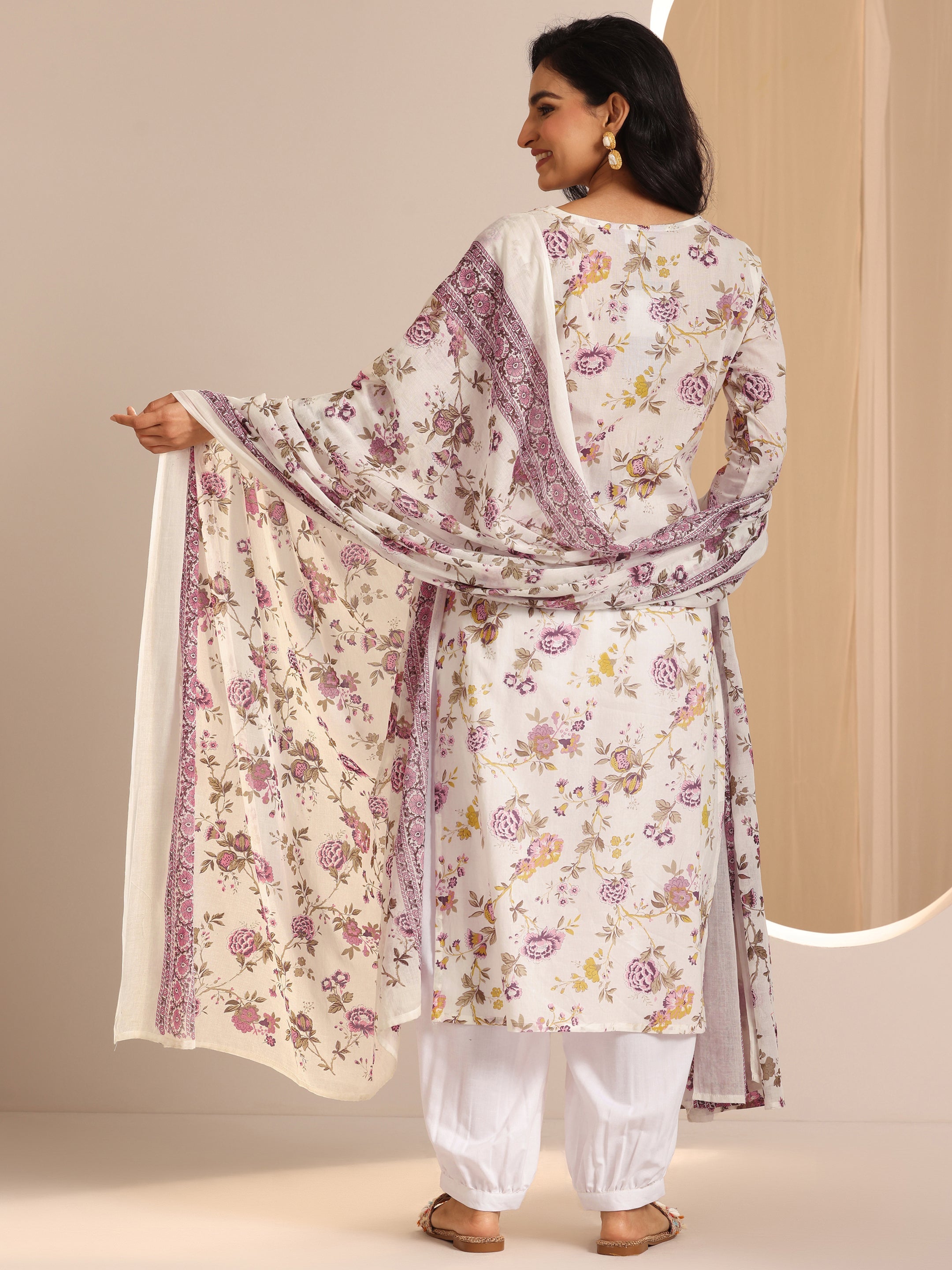 Off White Printed Cotton Straight Suit Sets With Dupatta