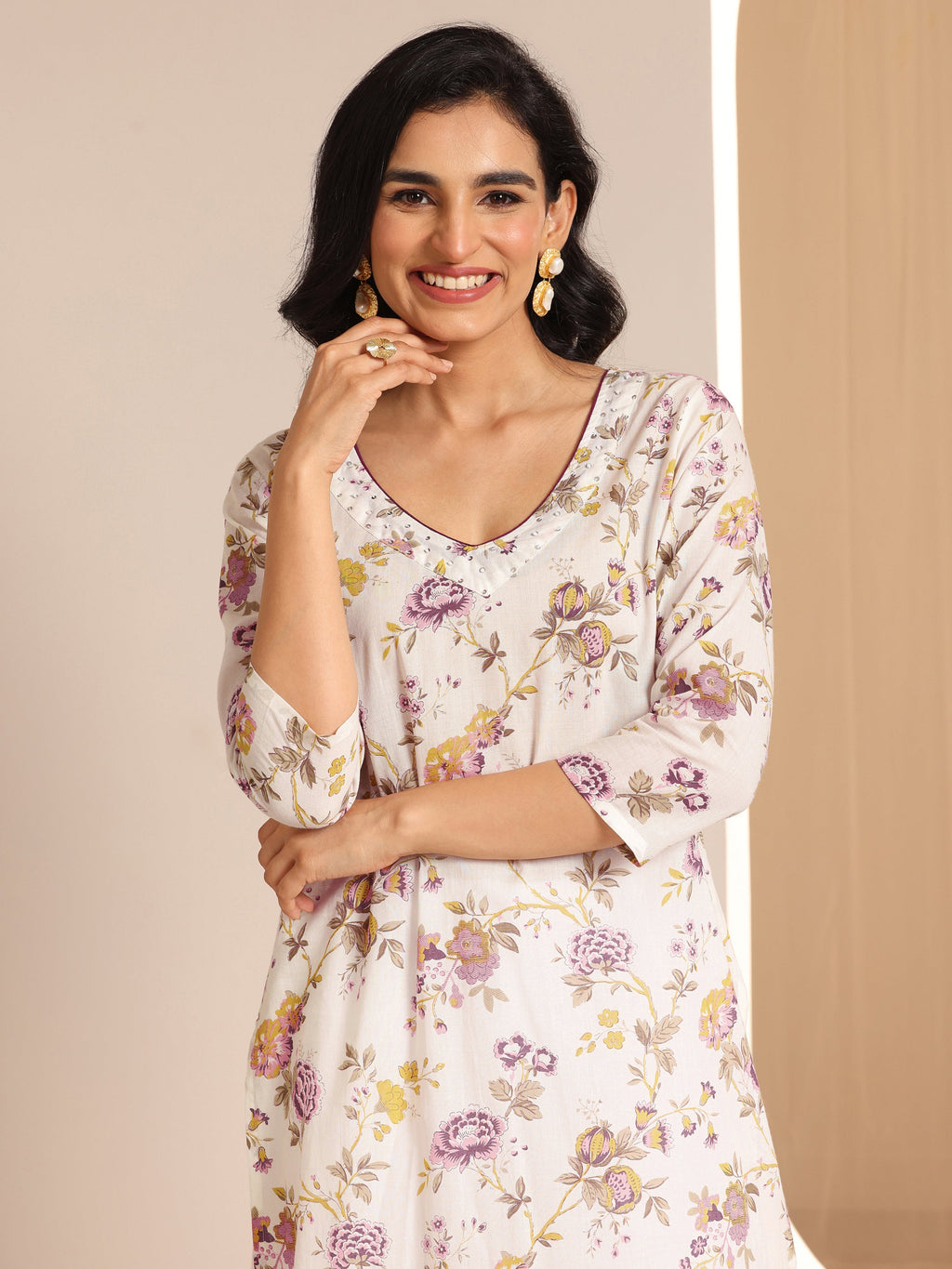 Off White Printed Cotton Straight Suit Sets With Dupatta