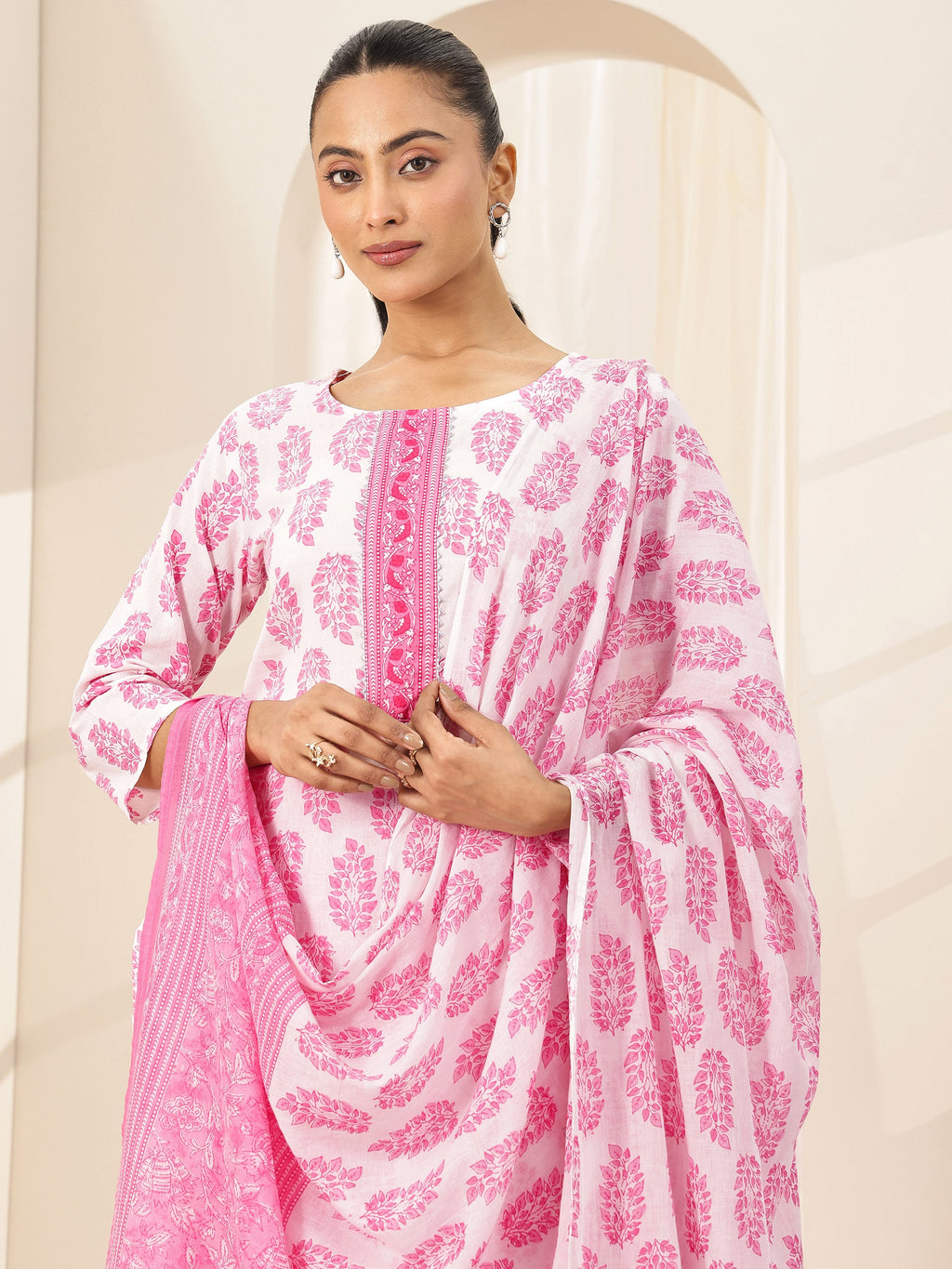 Off White Printed Cotton Straight Suit Sets With Dupatta