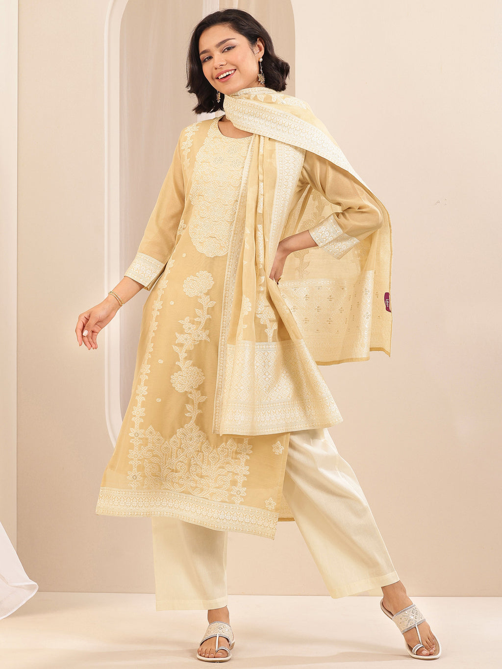 Beige Self Design Chanderi Silk Straight Suit Sets With Dupatta