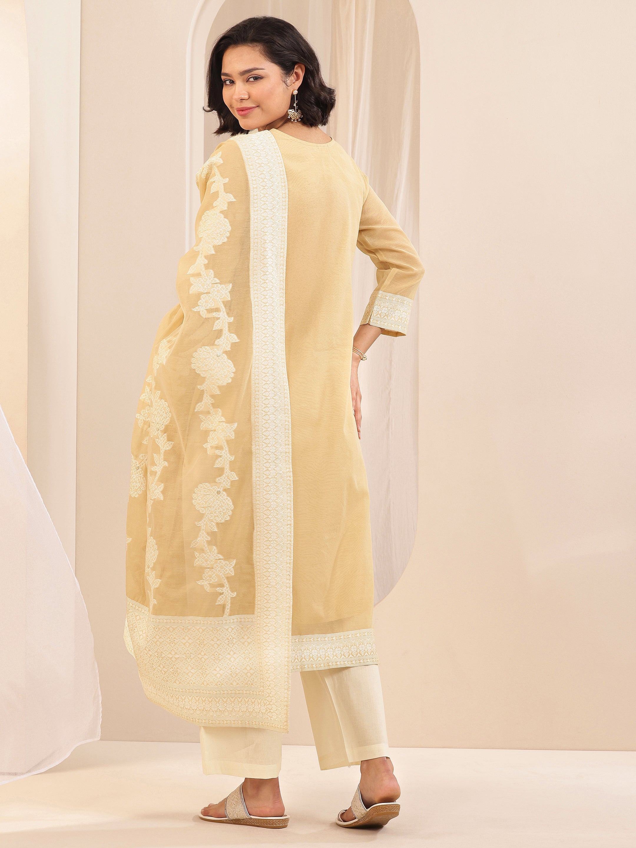 Beige Self Design Chanderi Silk Straight Suit Sets With Dupatta