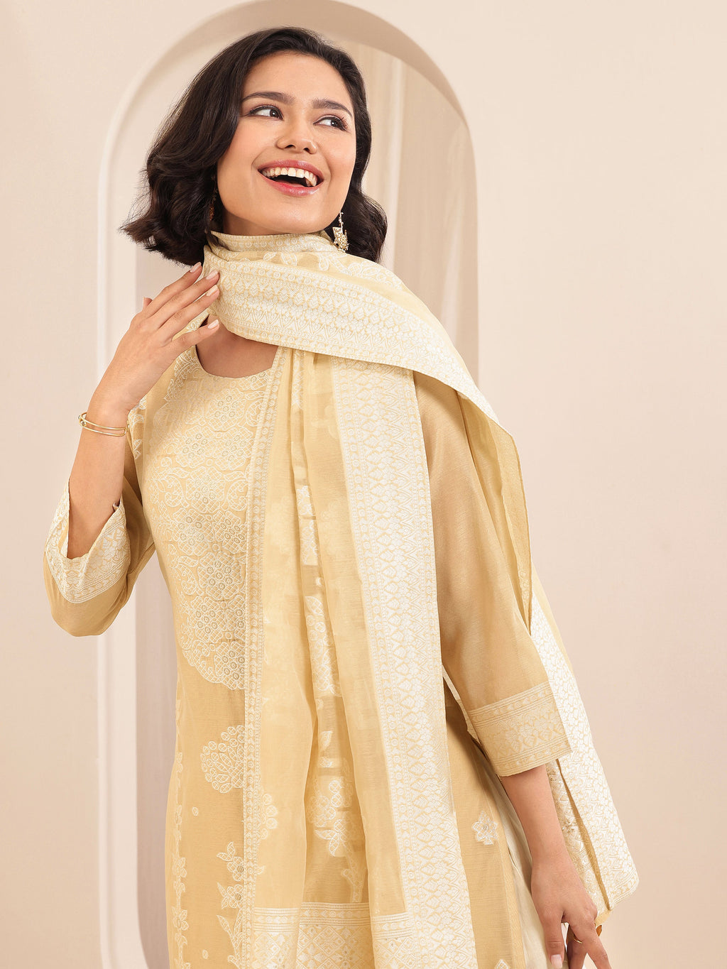 Beige Self Design Chanderi Silk Straight Suit Sets With Dupatta
