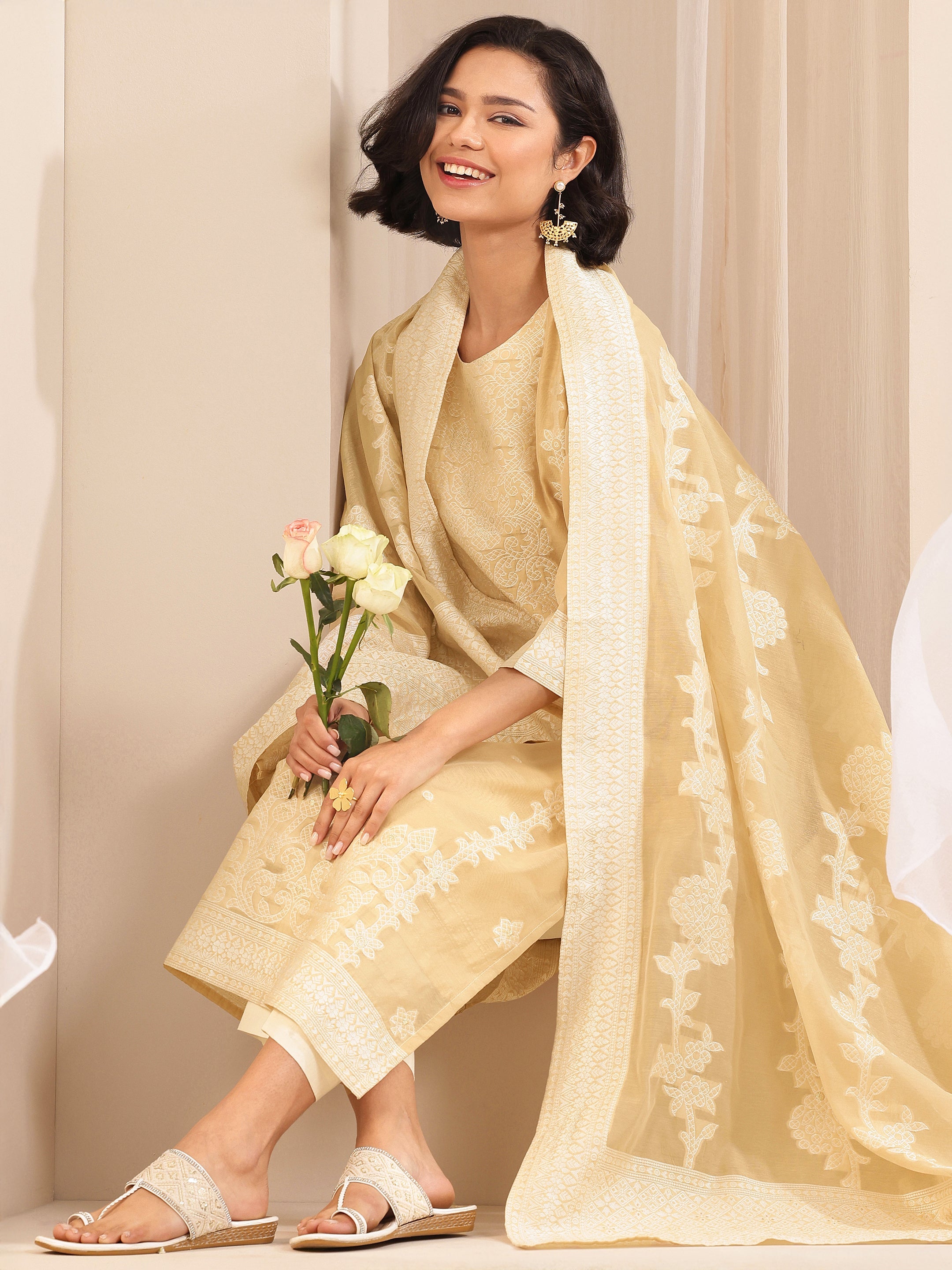 Beige Self Design Chanderi Silk Straight Suit Sets With Dupatta