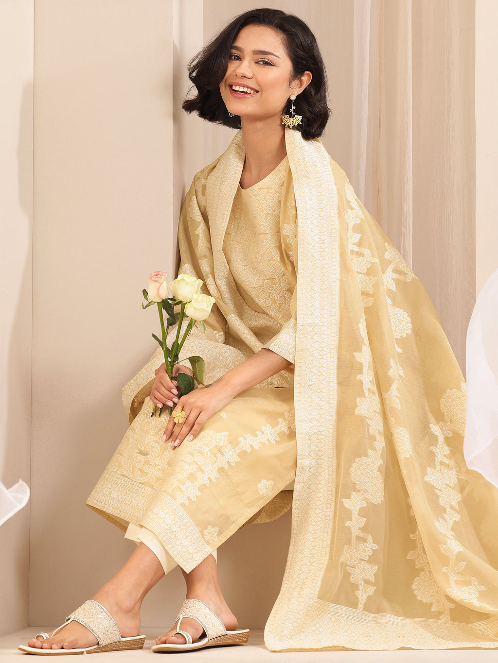 Beige Self Design Chanderi Silk Straight Suit Sets With Dupatta