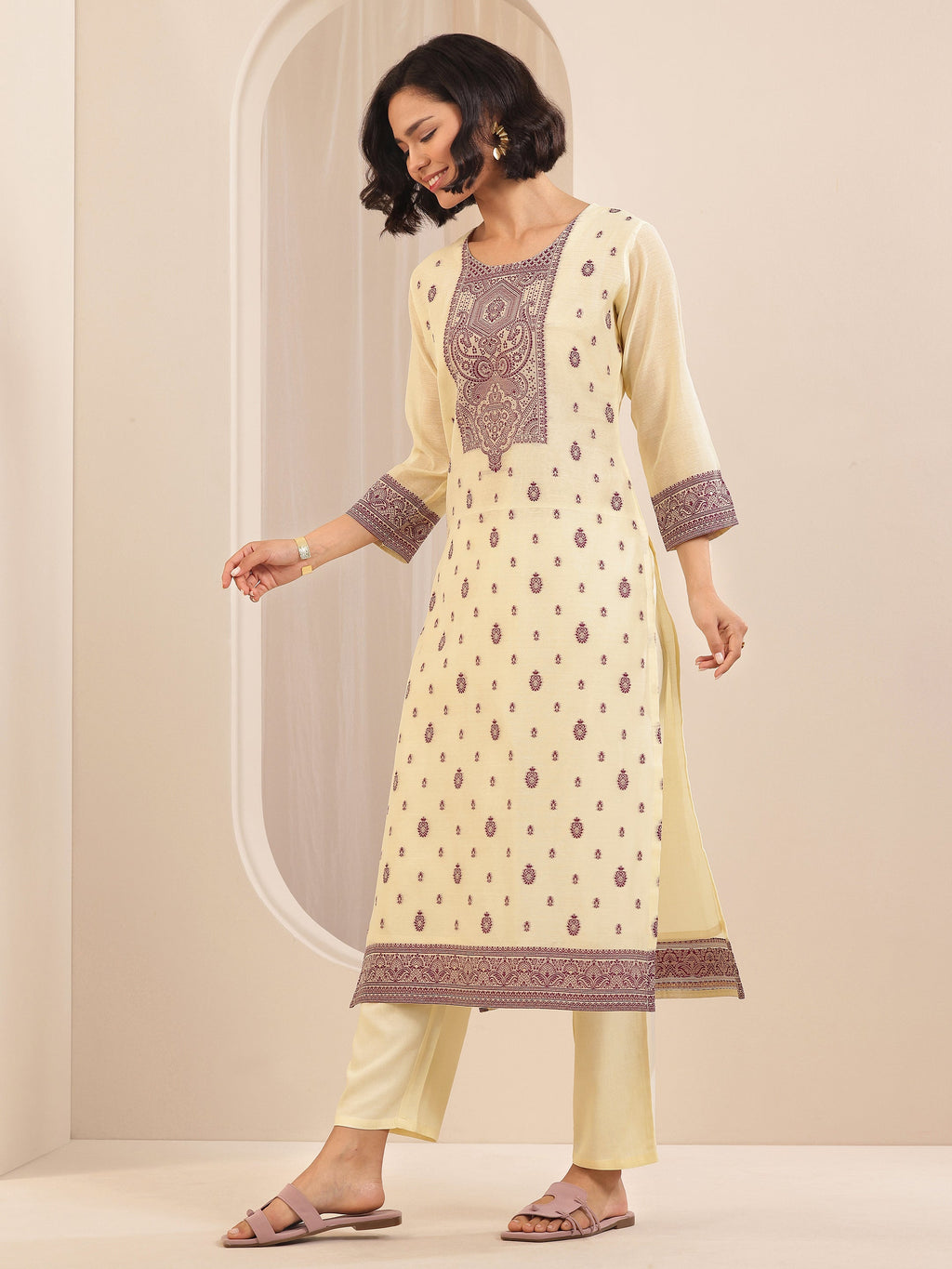 Cream Self Design Chanderi Silk Straight Suit Sets With Dupatta