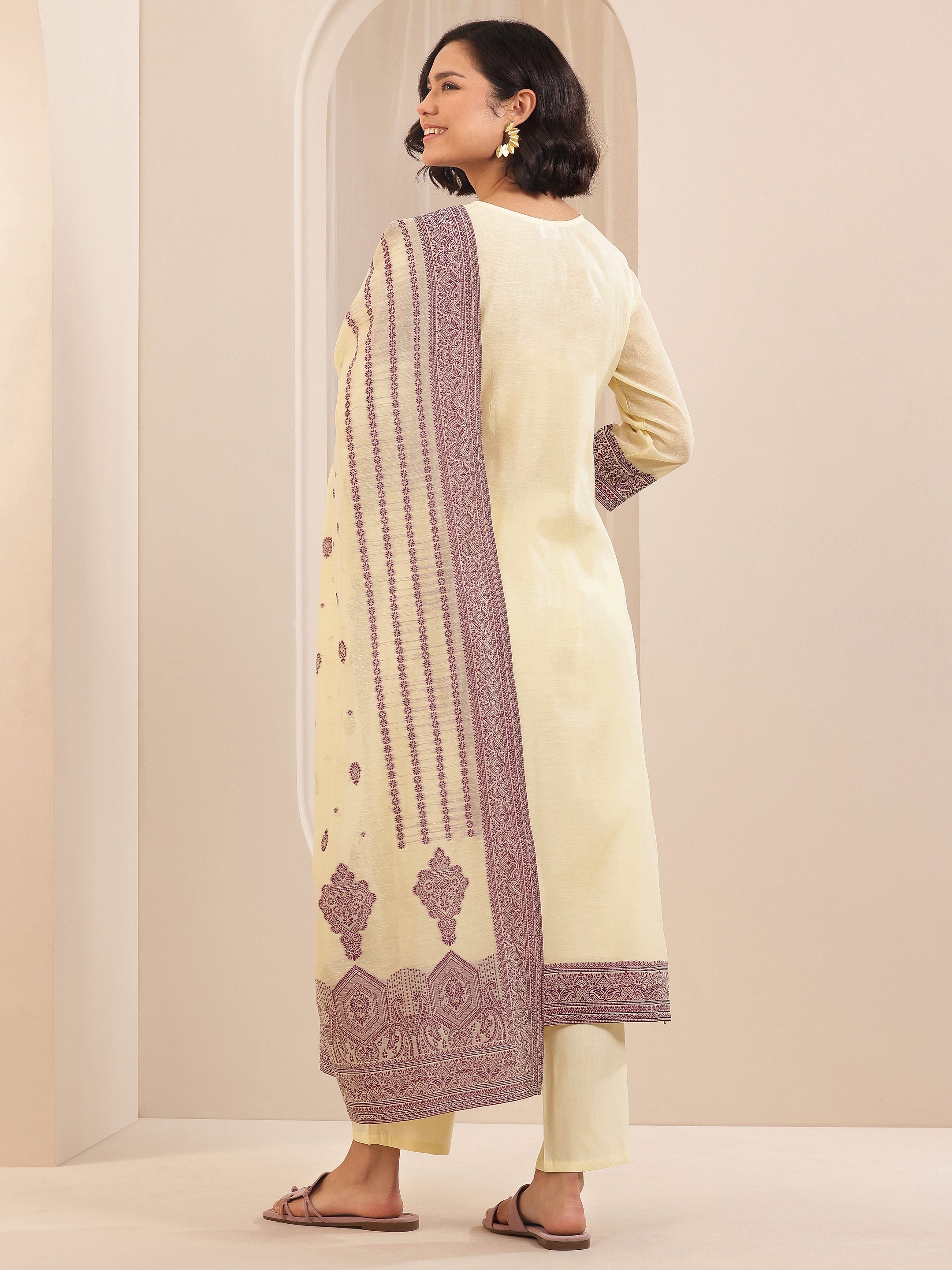 Cream Self Design Chanderi Silk Straight Suit Sets With Dupatta