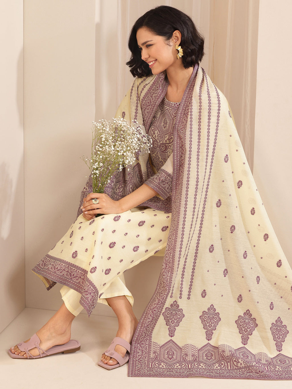 Cream Self Design Chanderi Silk Straight Suit Sets With Dupatta