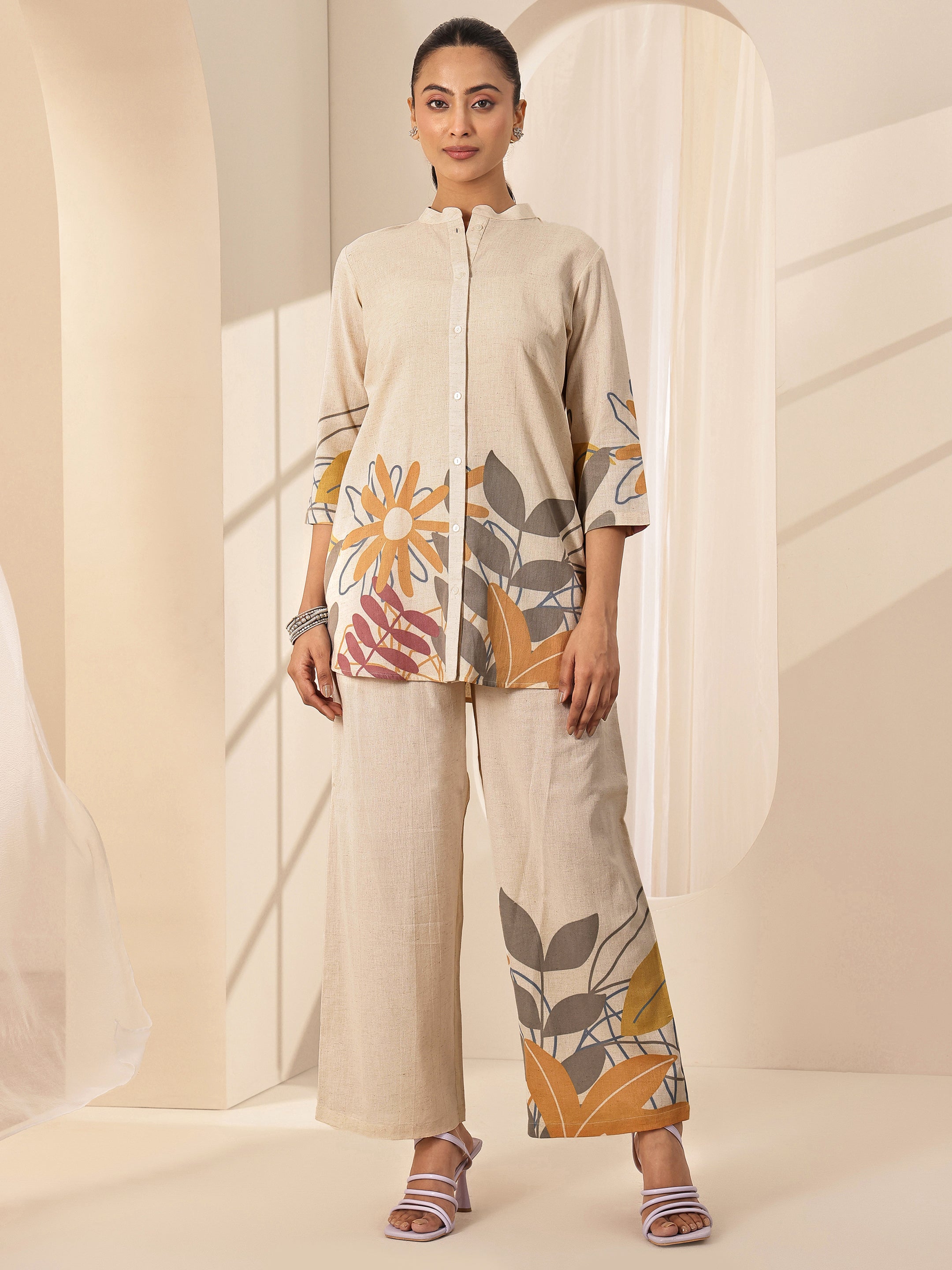 Off White Printed Cotton Blend Co-Ord Sets