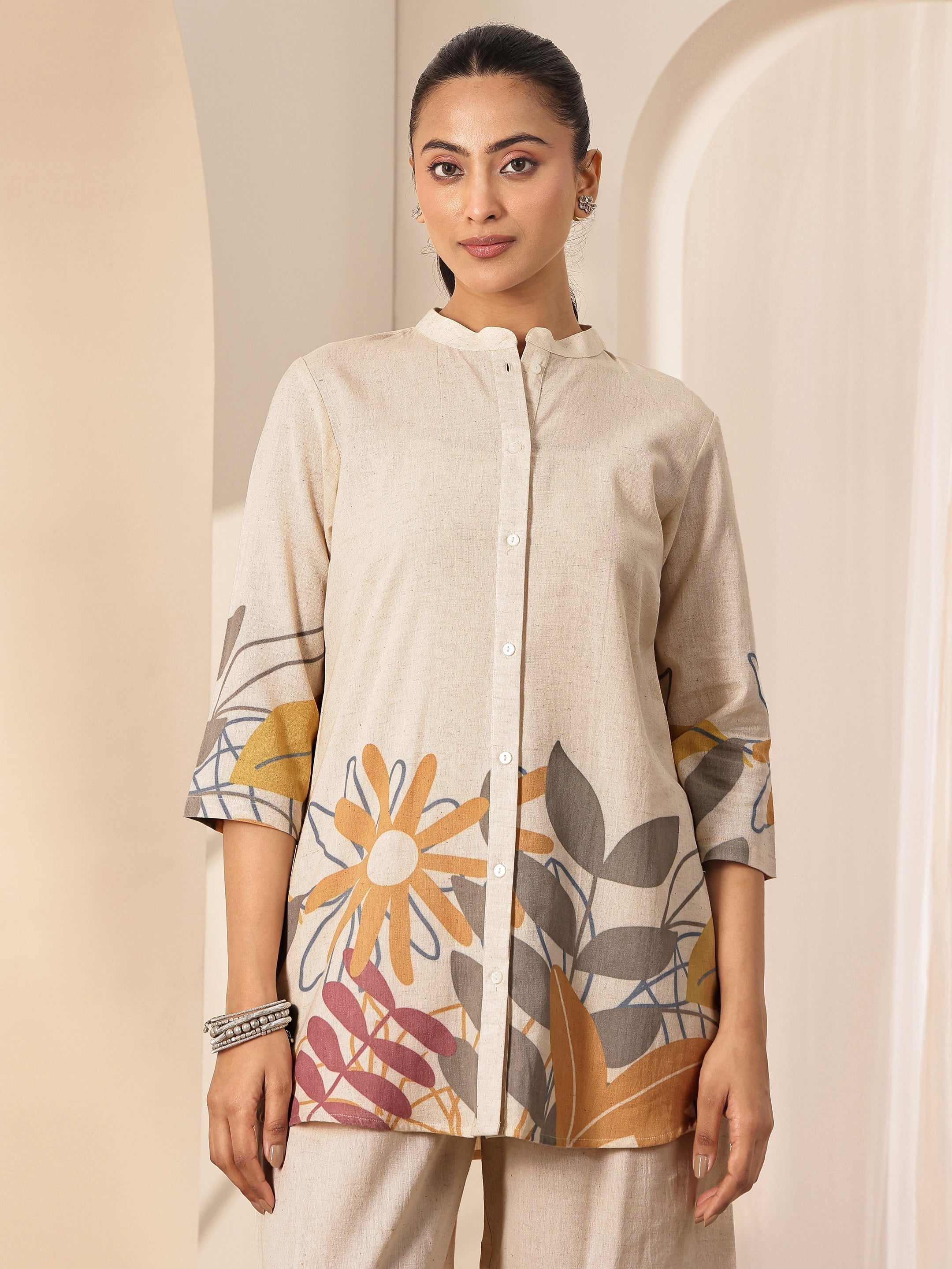 Off White Printed Cotton Blend Co-Ord Sets