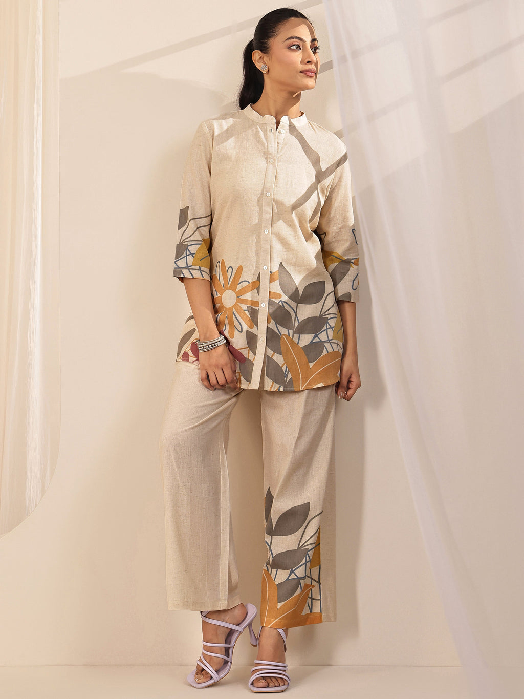 Off White Printed Cotton Blend Co-Ord Sets