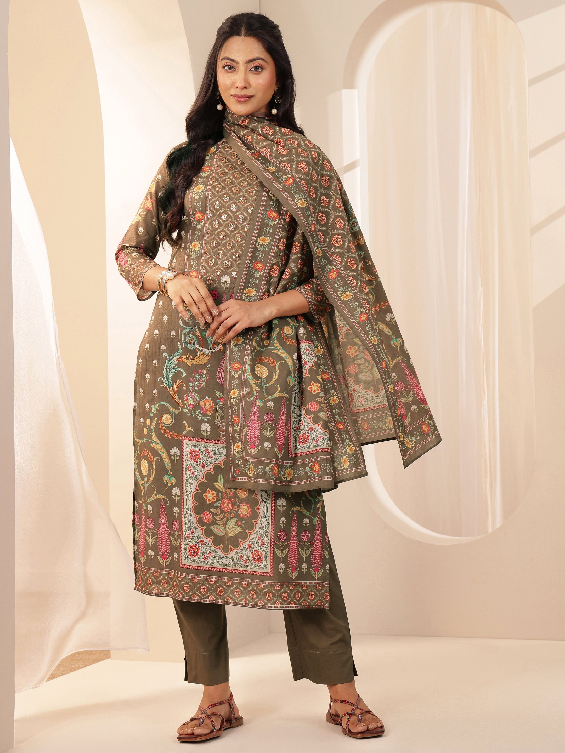 Brown Printed Cotton Straight Suit Sets With Dupatta