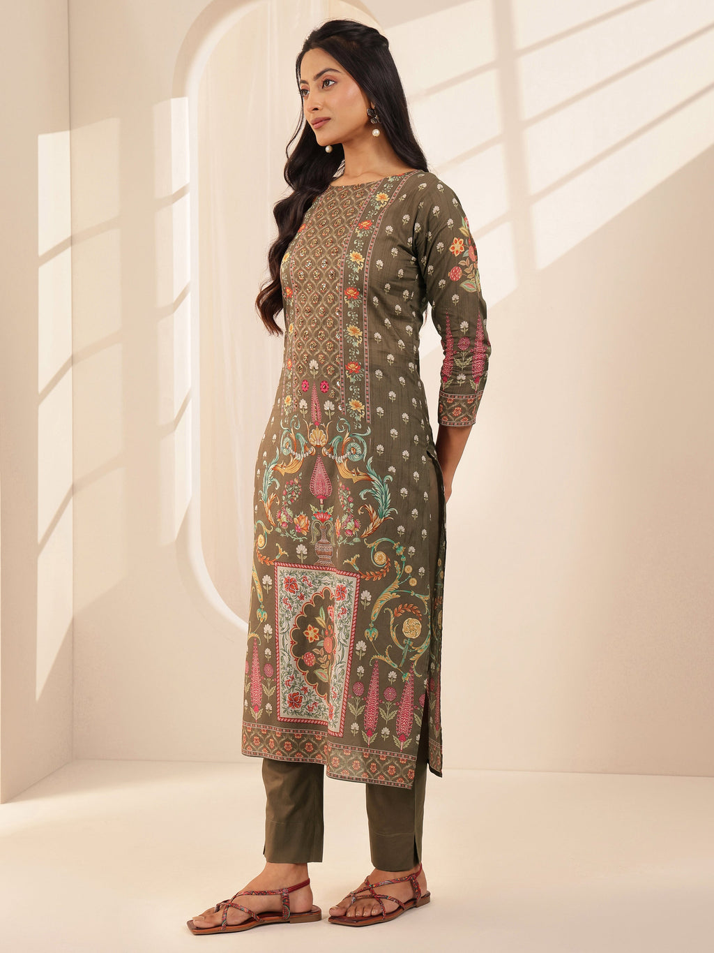 Brown Printed Cotton Straight Suit Sets With Dupatta