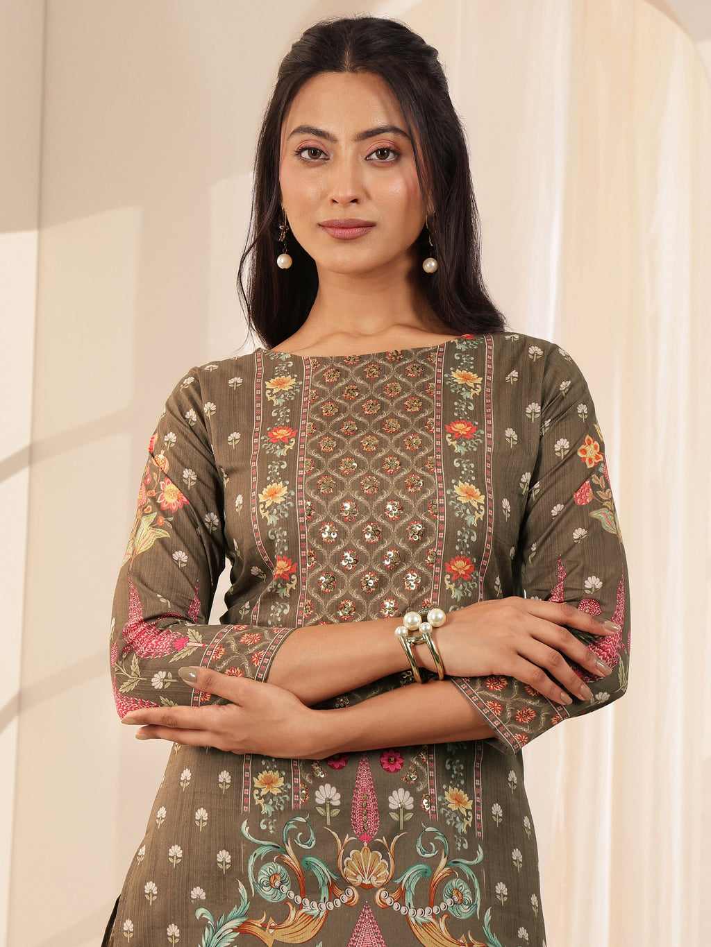 Brown Printed Cotton Straight Suit Sets With Dupatta