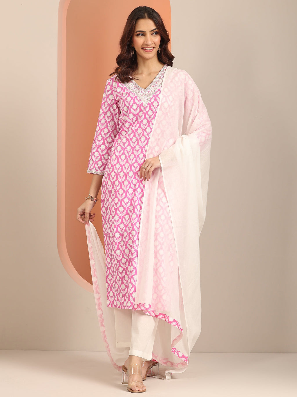 Pink Yoke Design Cotton Straight Suit Set With Dupatta