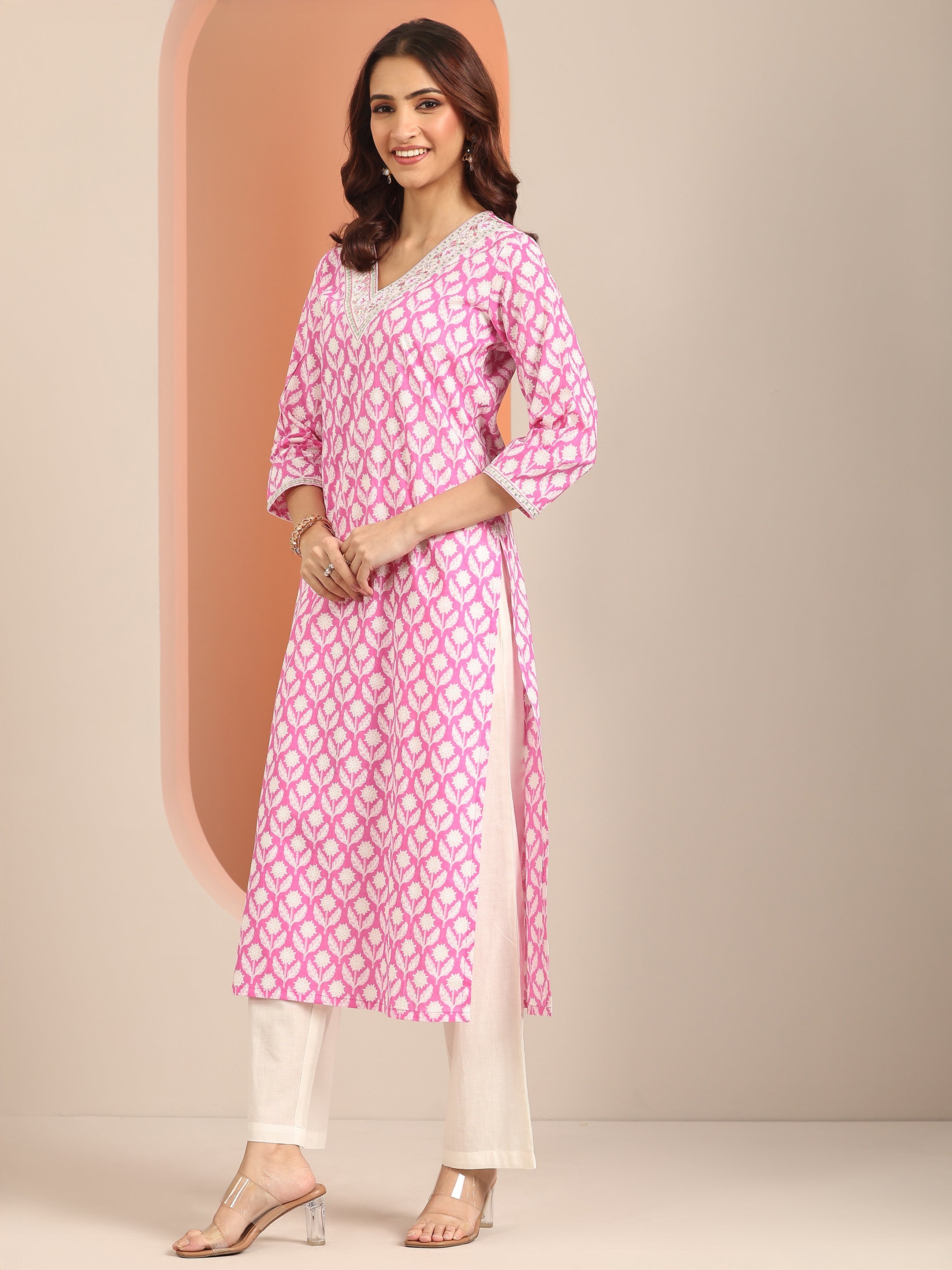 Pink Yoke Design Cotton Straight Suit Set With Dupatta