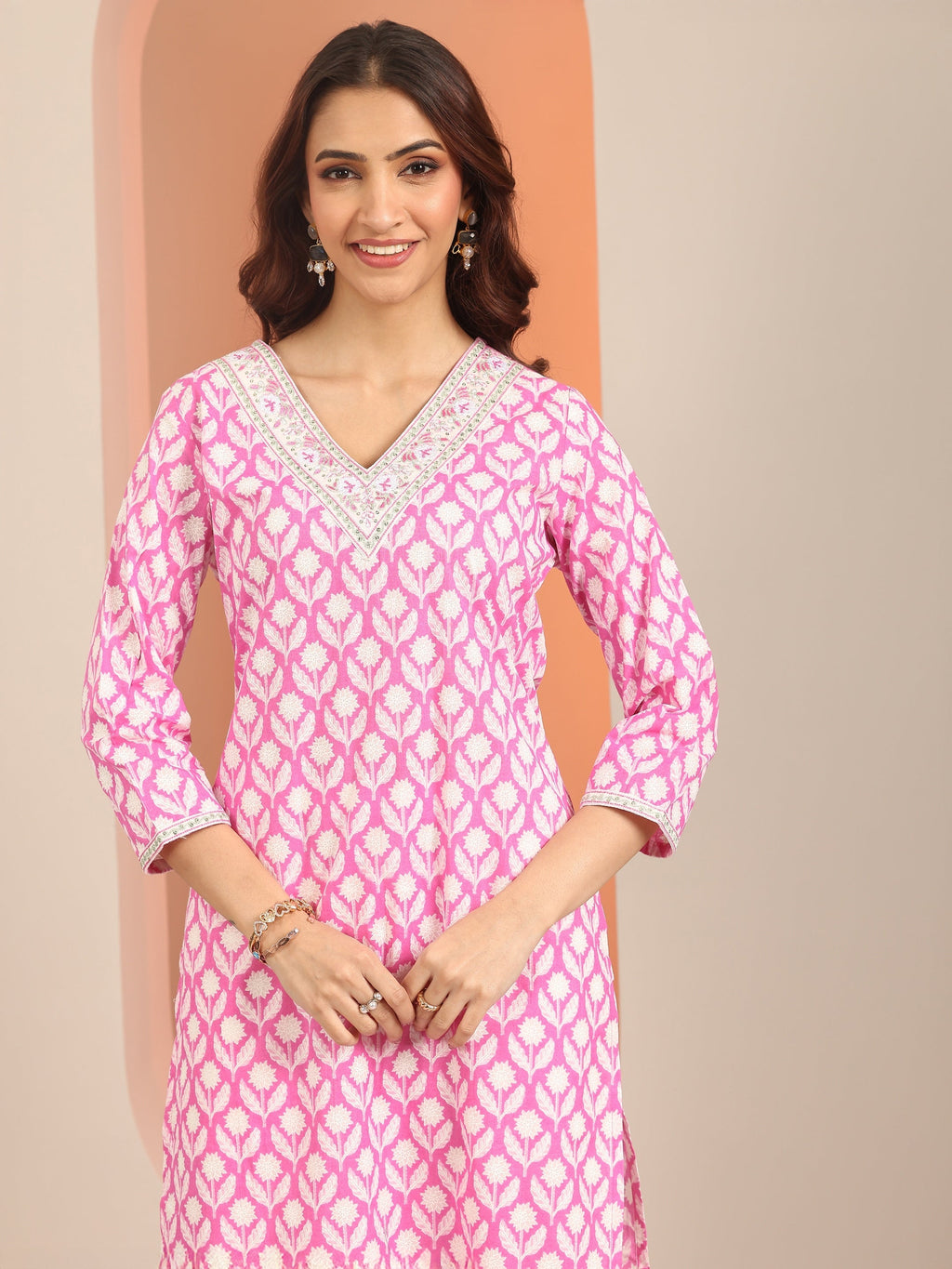Pink Yoke Design Cotton Straight Suit Set With Dupatta