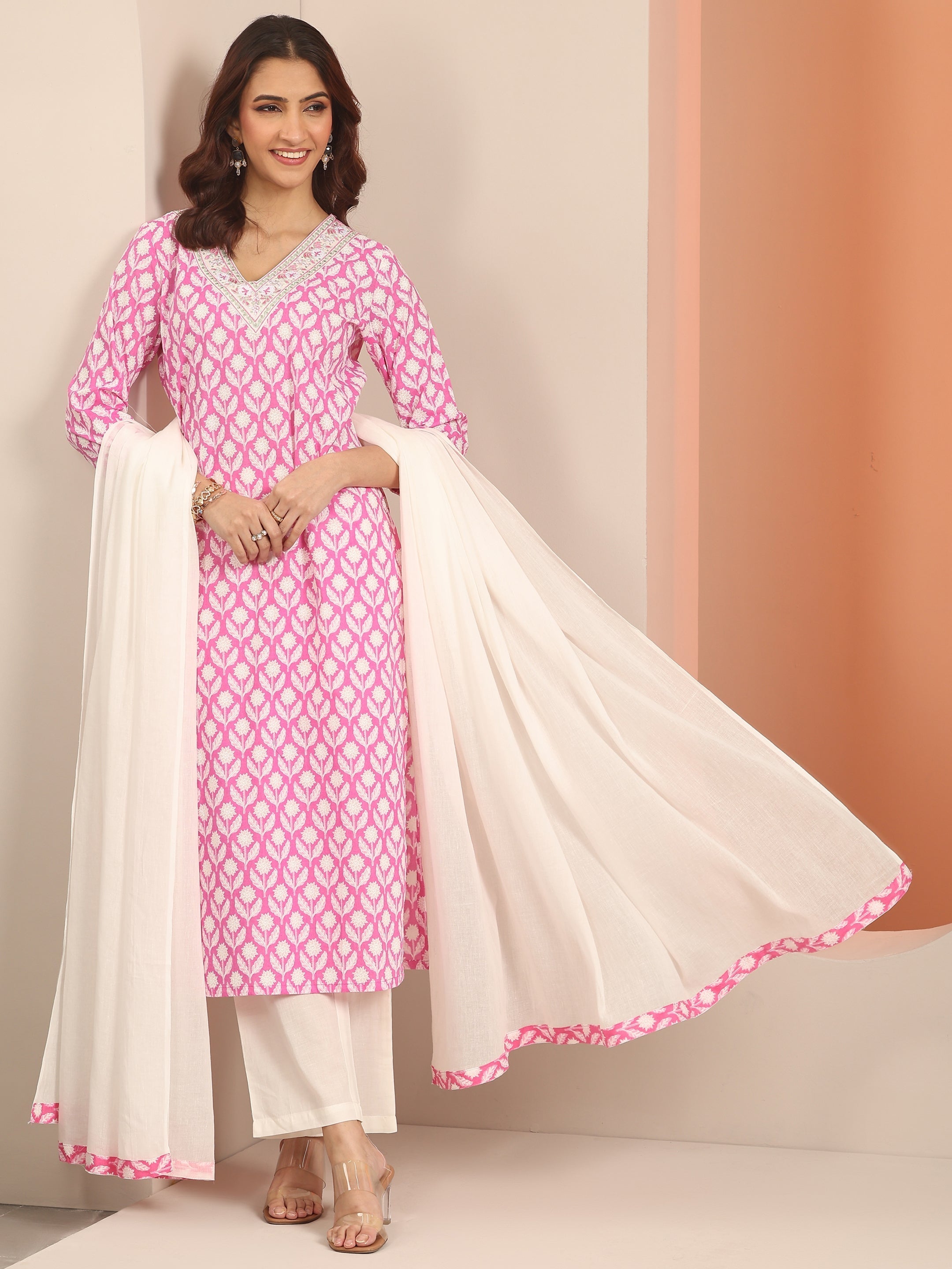 Pink Yoke Design Cotton Straight Suit Set With Dupatta