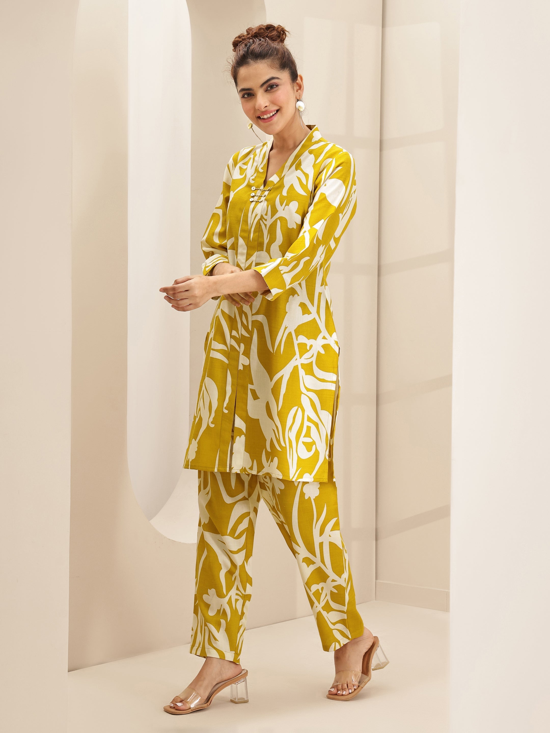 Mustard Printed Cotton Blend Co-Ord Sets