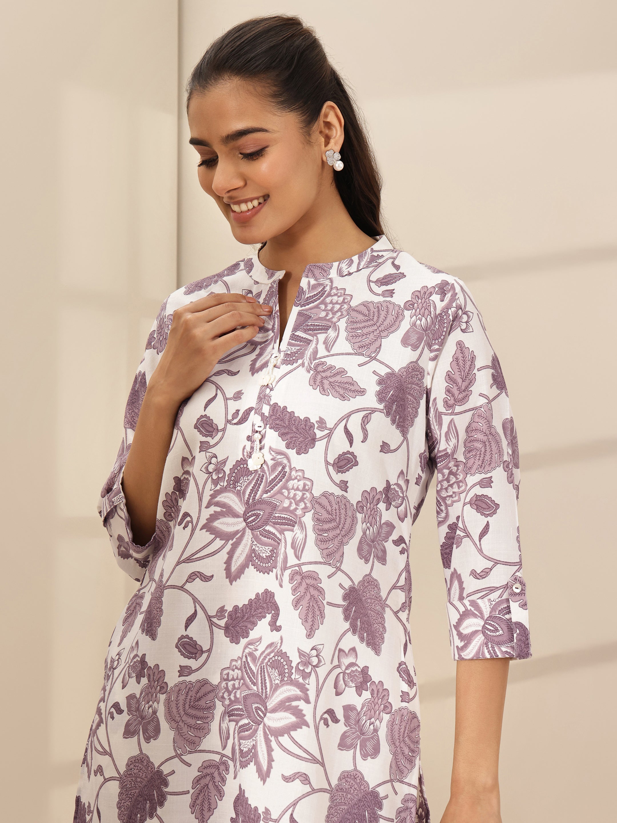 Off White Printed Cotton Blend Co-Ord Sets