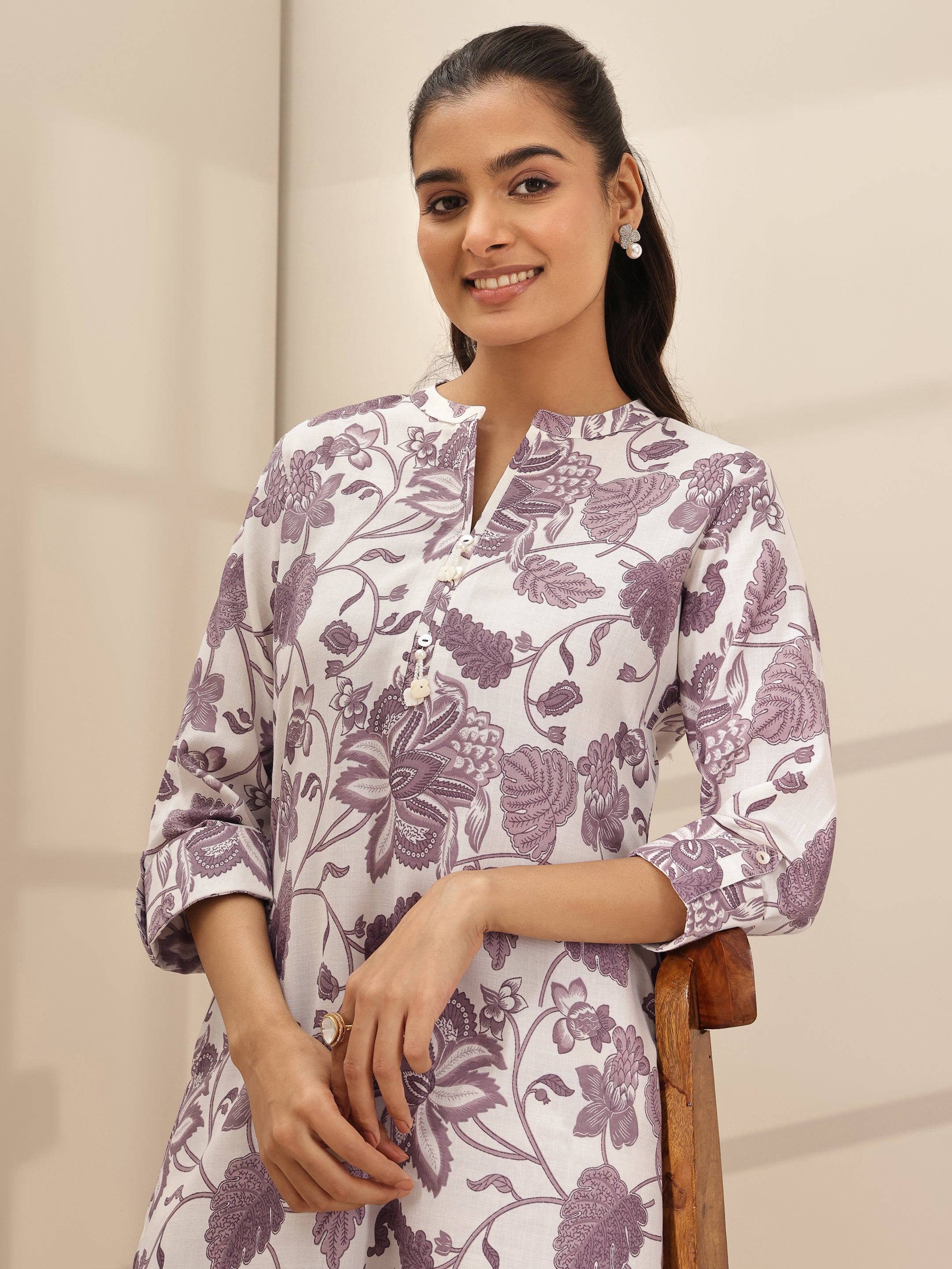 Off White Printed Cotton Blend Co-Ord Sets