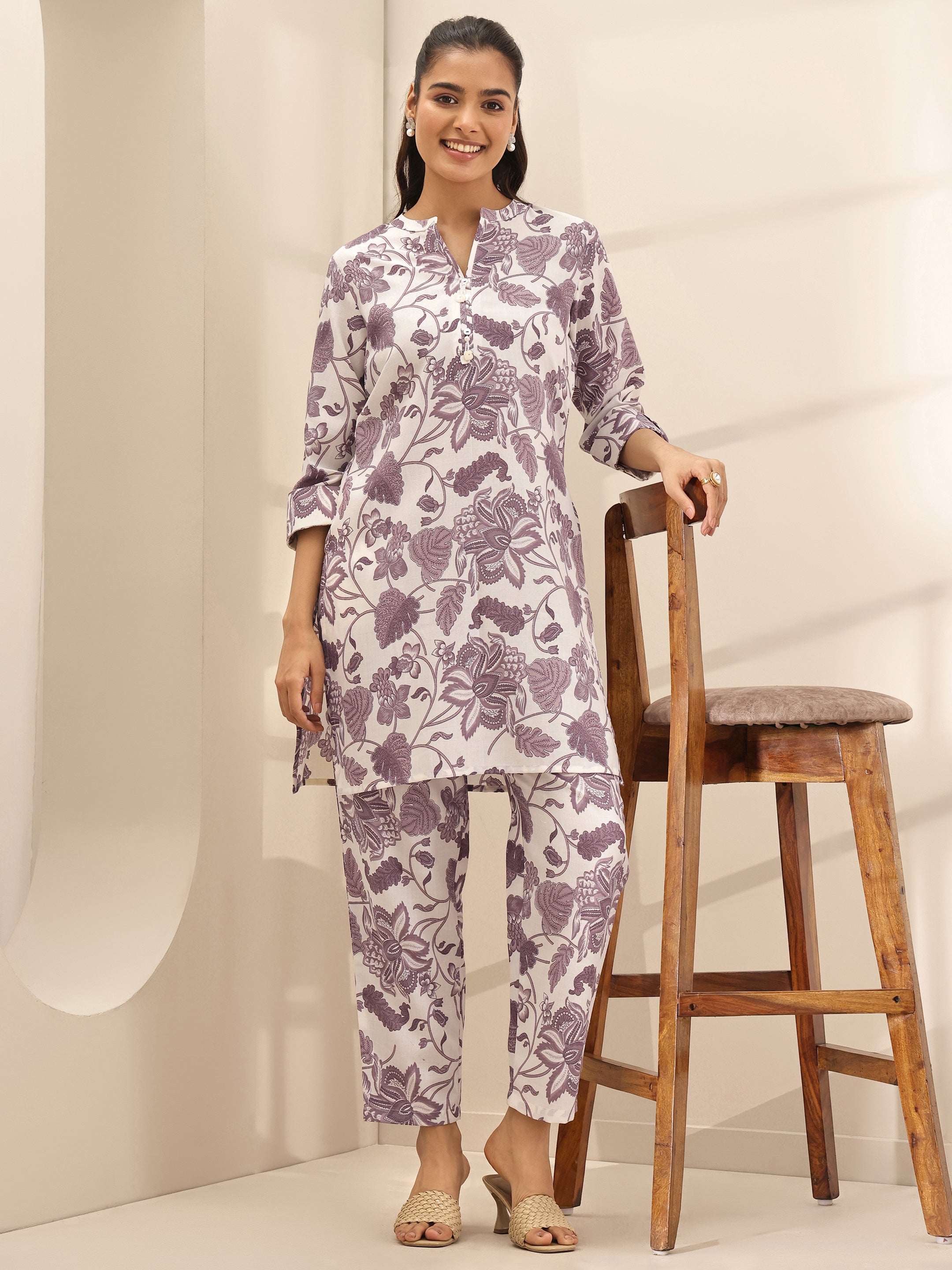 Off White Printed Cotton Blend Co-Ord Sets