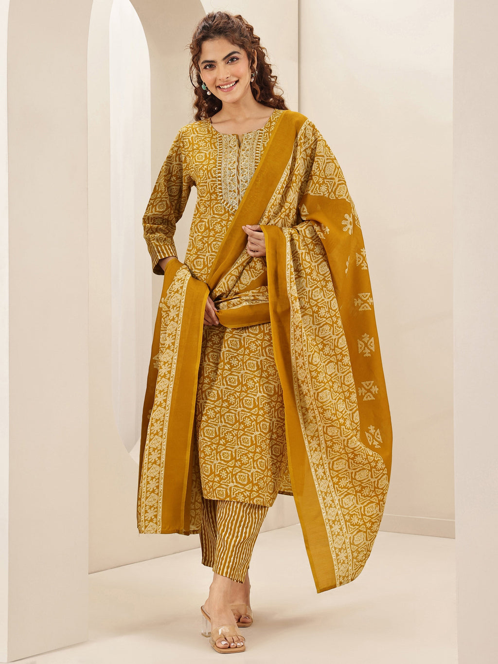 Mustard Printed Cotton Blend Straight Suit Sets With Dupatta