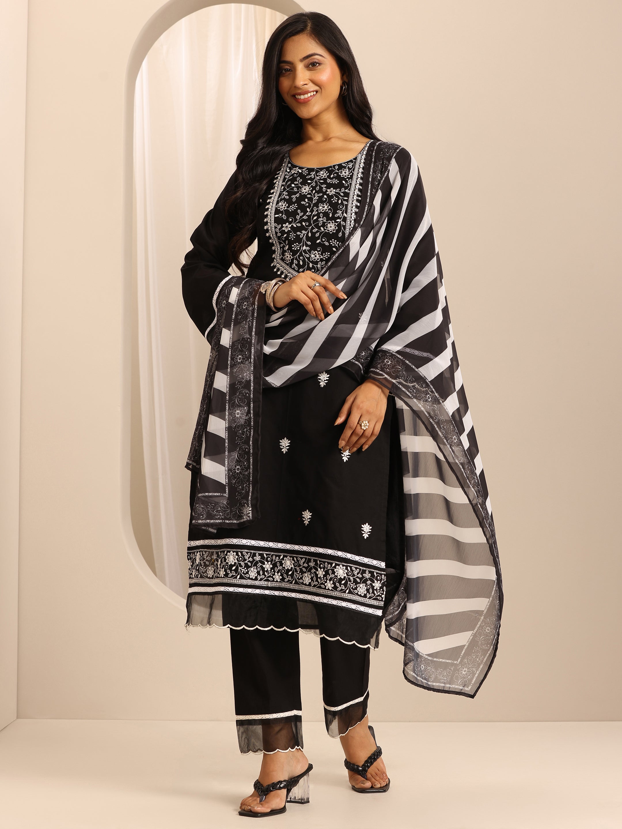 Black Embroidered Cotton Blend Straight Suit Set With Dupatta