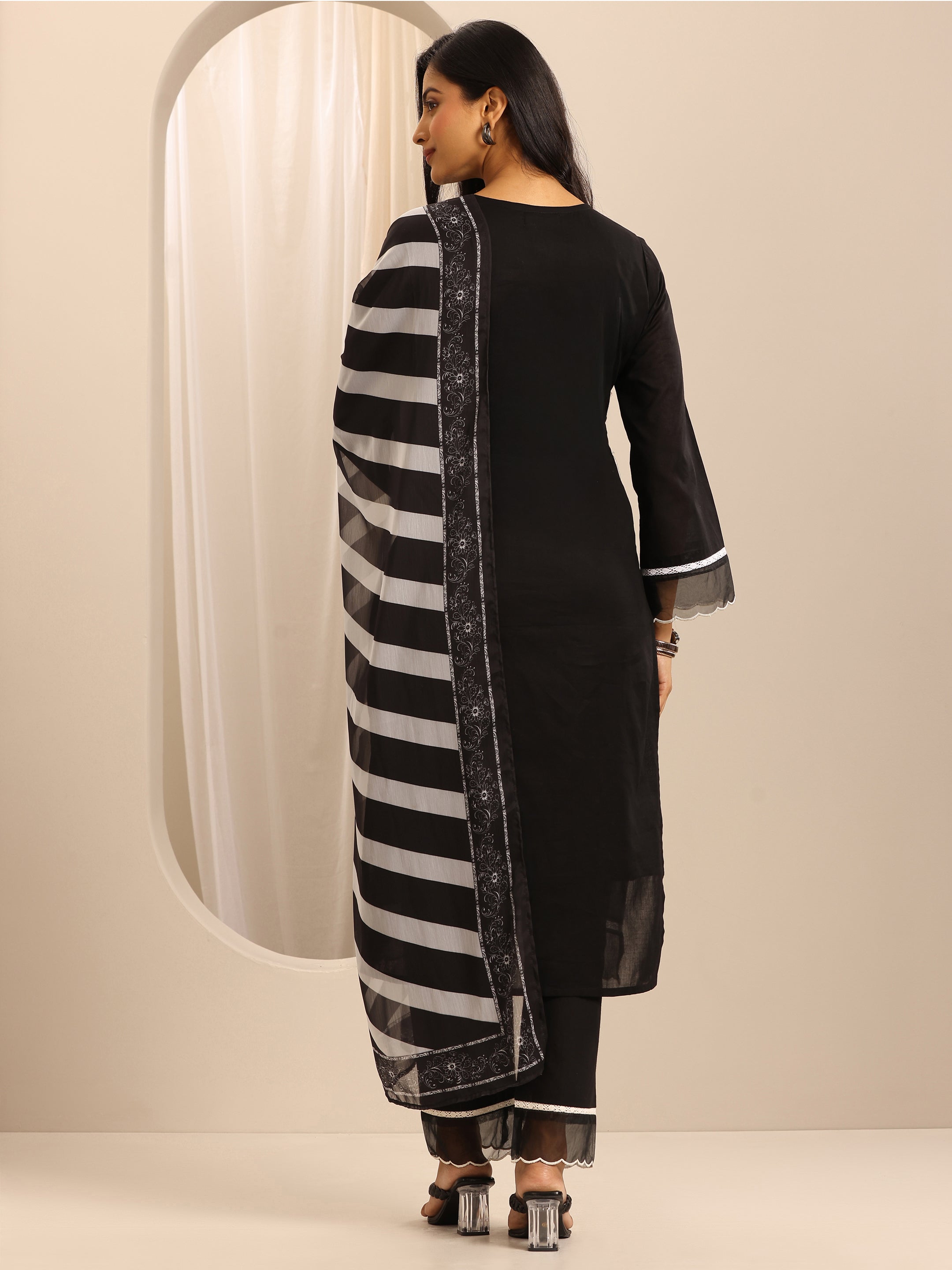 Black Embroidered Cotton Blend Straight Suit Set With Dupatta