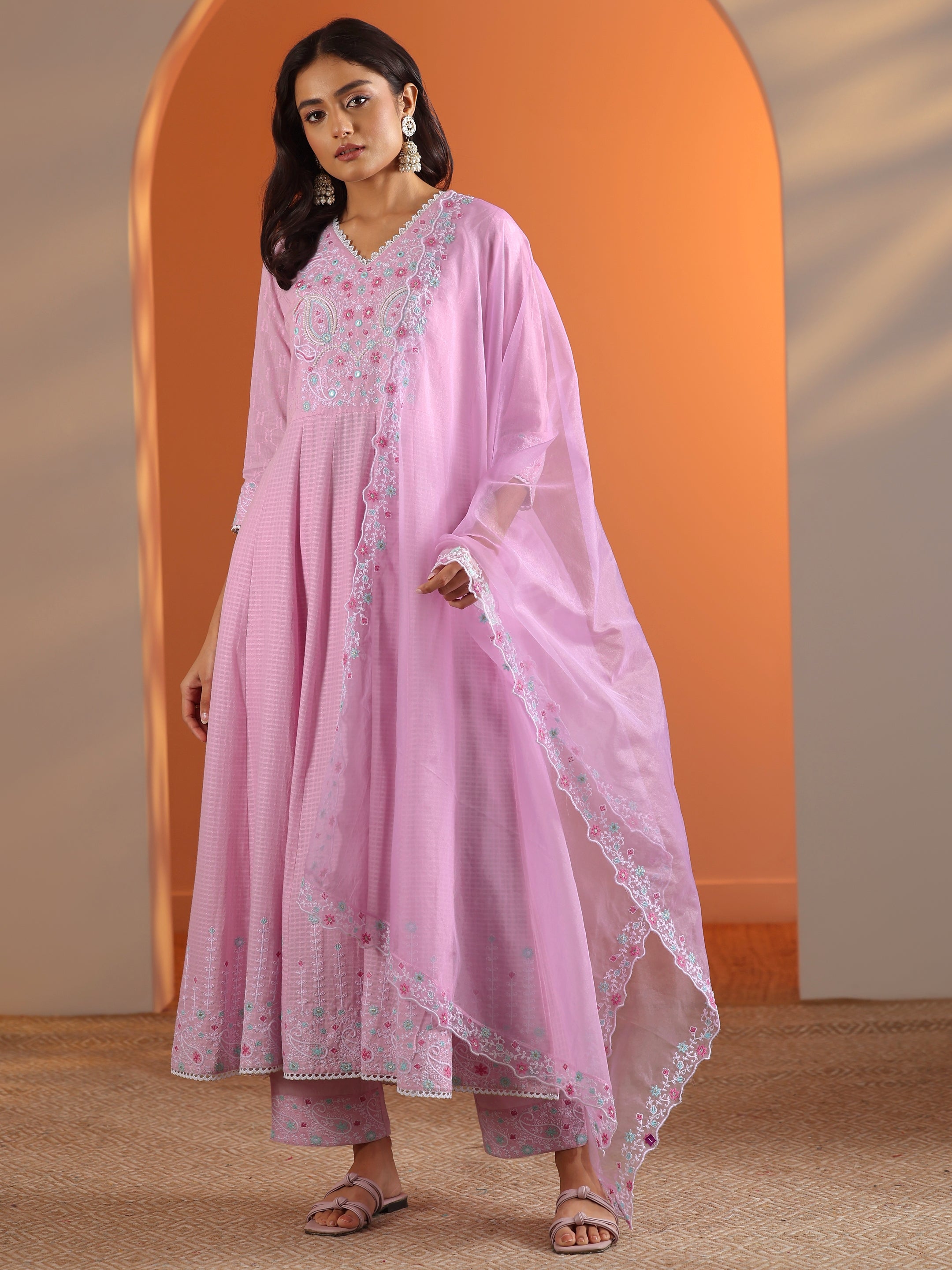 Lavender Embroidered Cotton Anarkali Suit Set With Dupatta