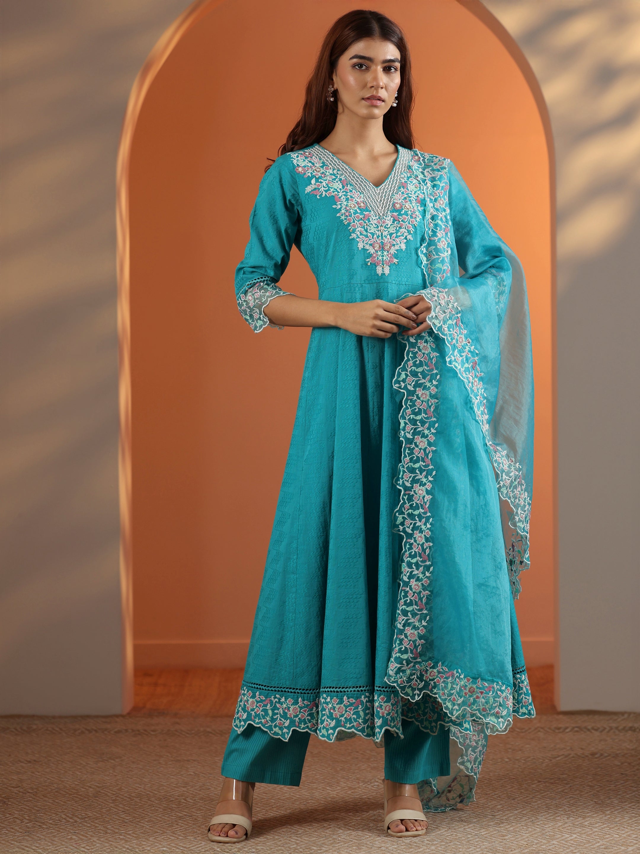 Blue Embroidered Cotton Anarkali Suit Set With Dupatta
