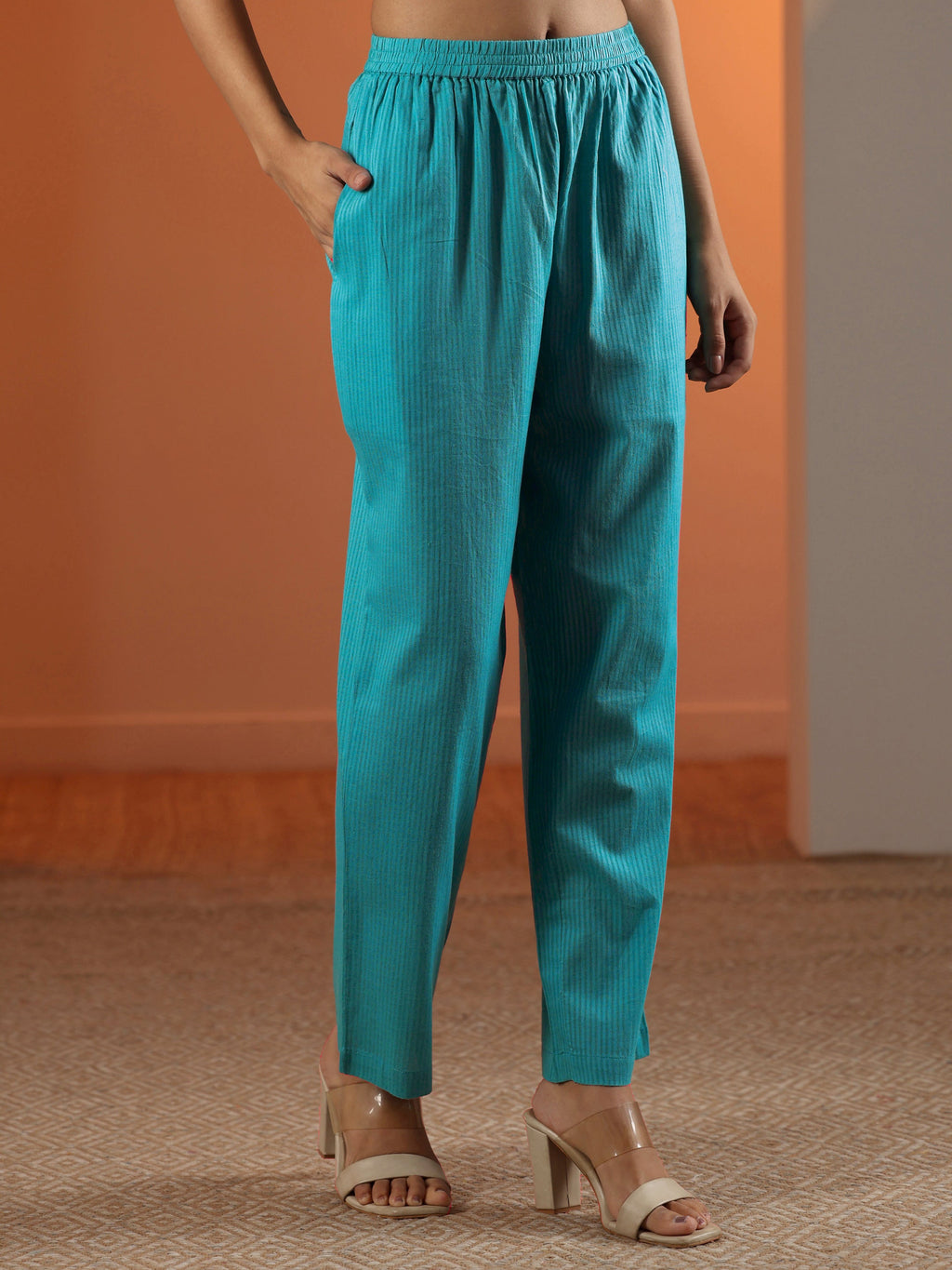 Blue Embroidered Cotton Anarkali Suit Set With Dupatta