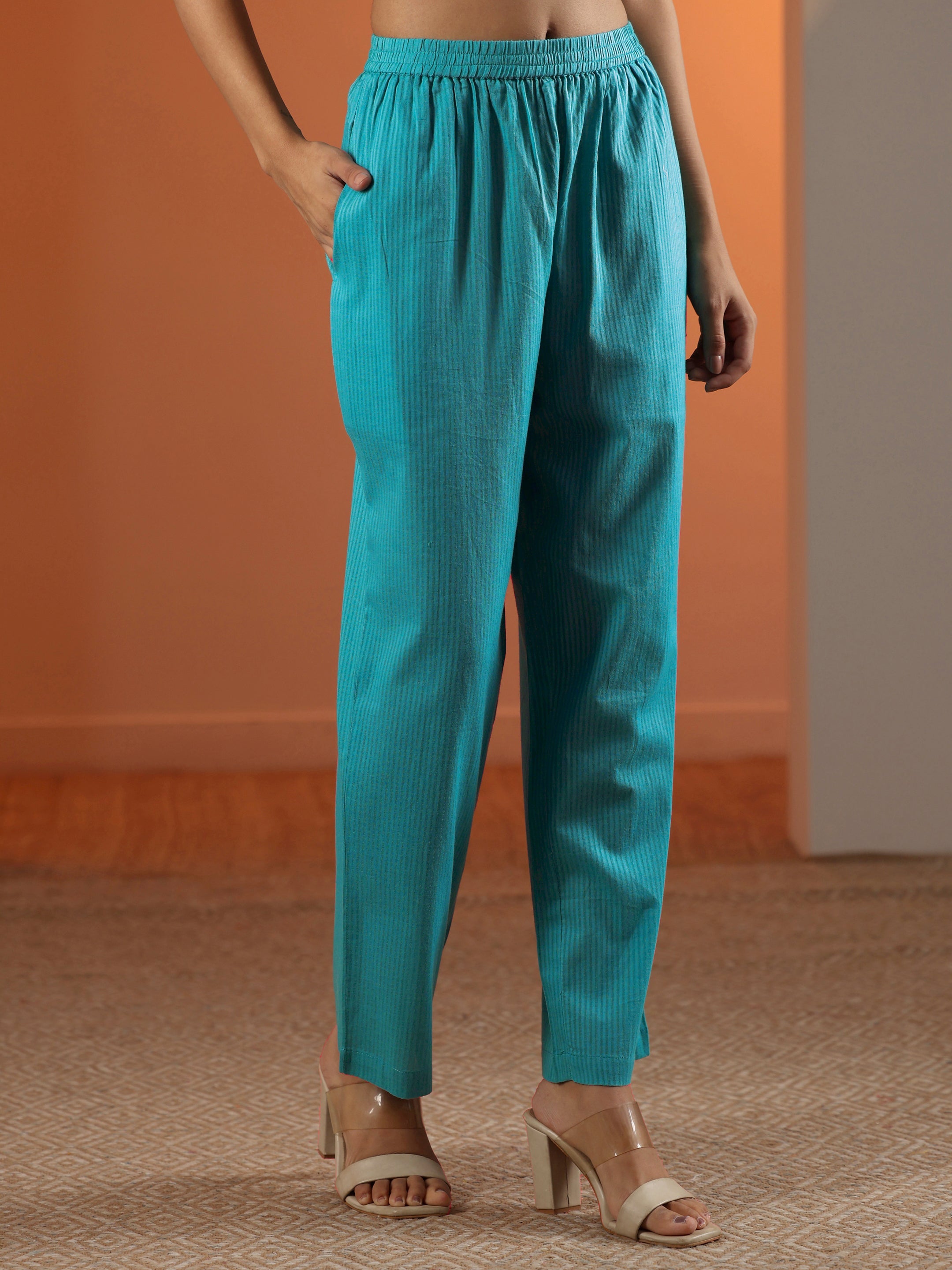 Blue Embroidered Cotton Anarkali Suit Set With Dupatta