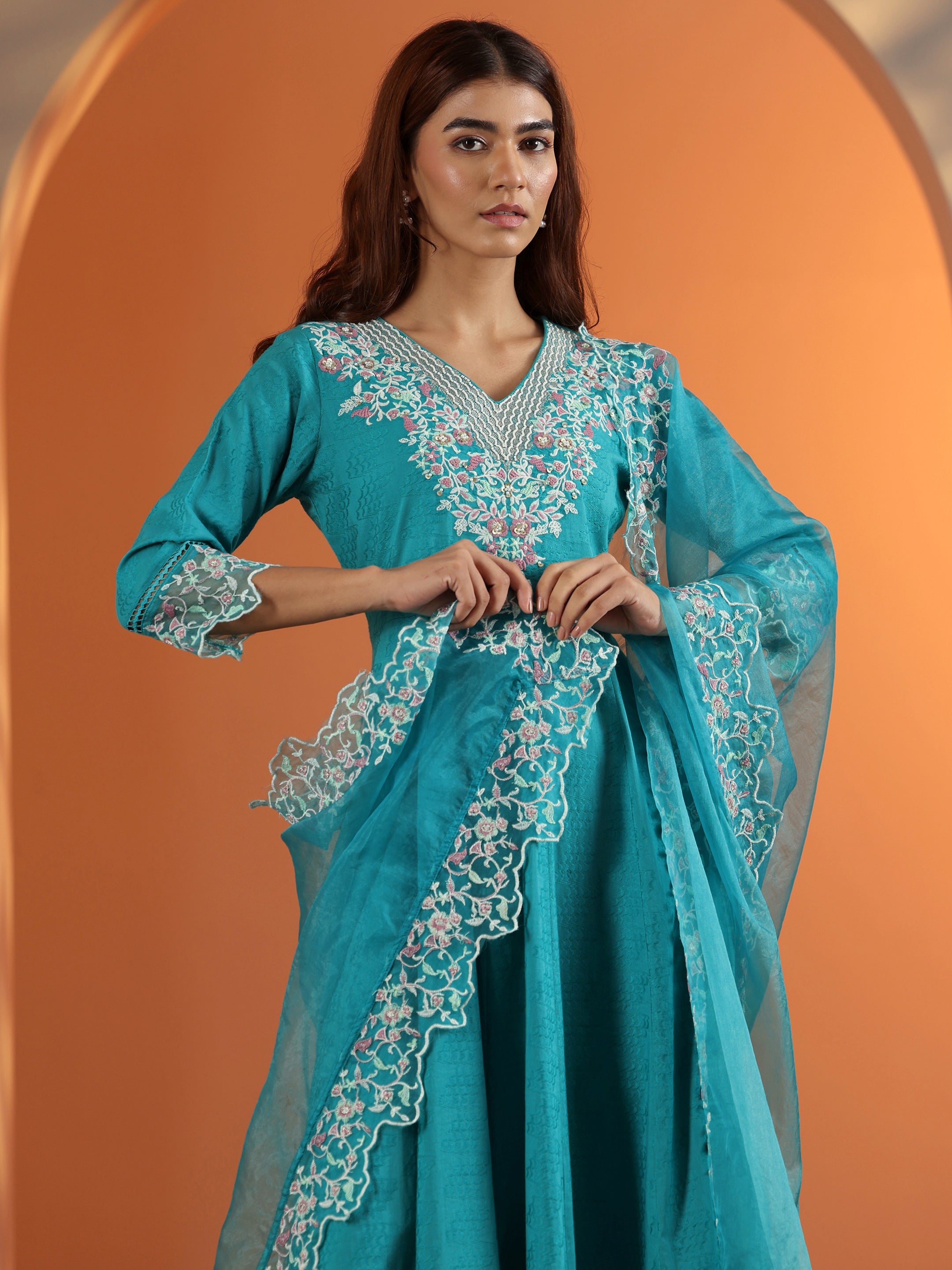 Blue Embroidered Cotton Anarkali Suit Set With Dupatta