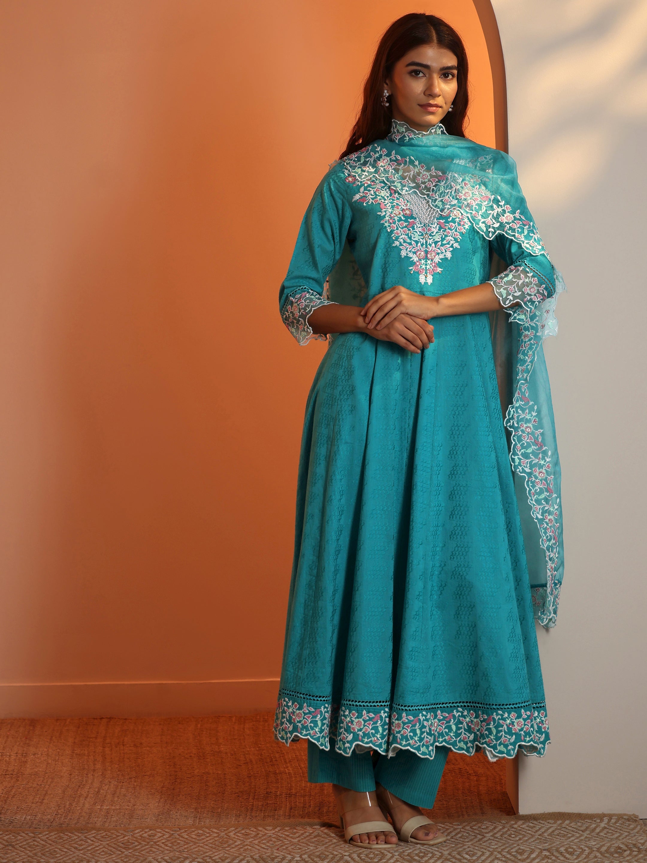 Blue Embroidered Cotton Anarkali Suit Set With Dupatta