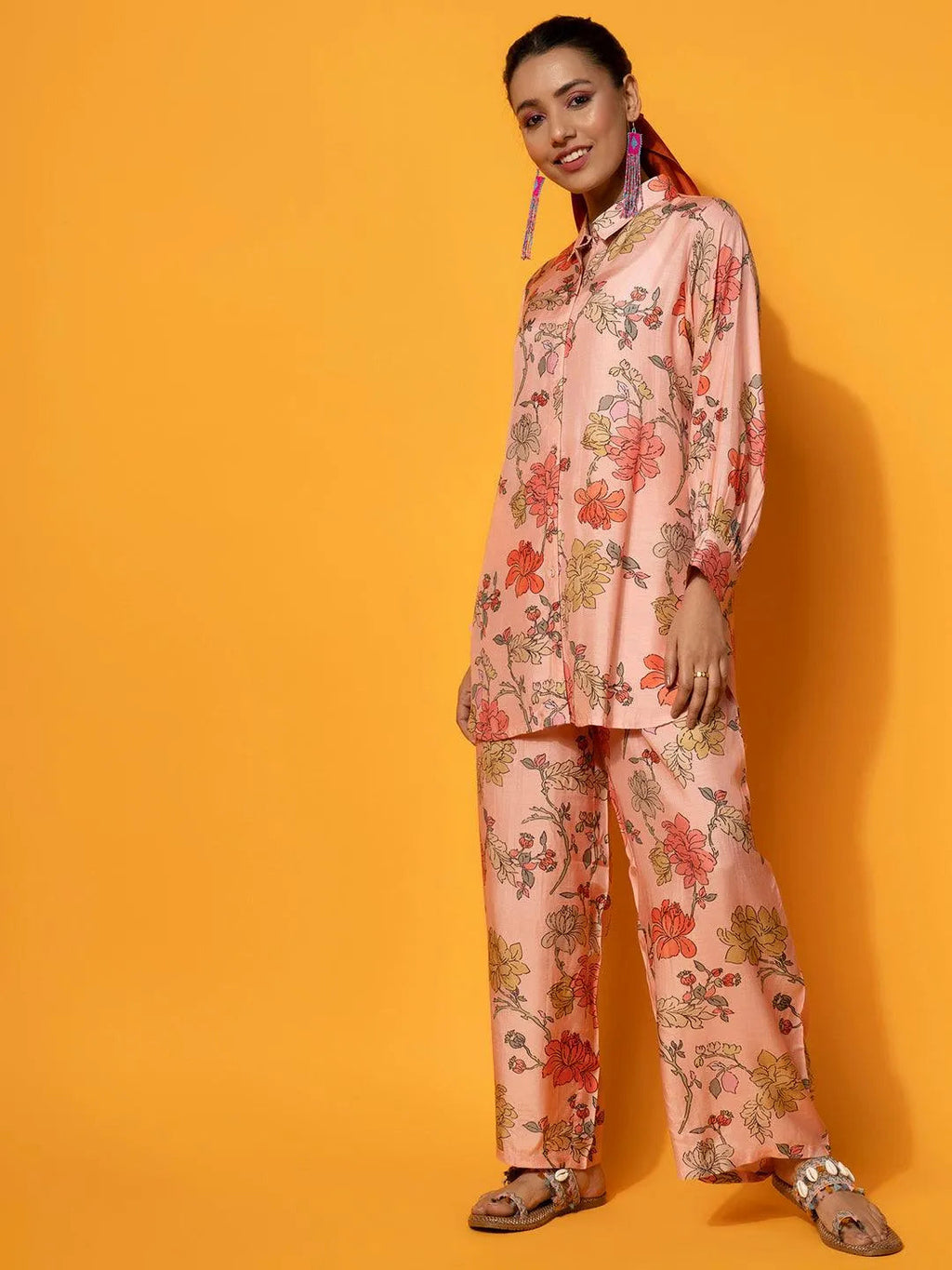 Peach Printed Silk Blend Co-Ords