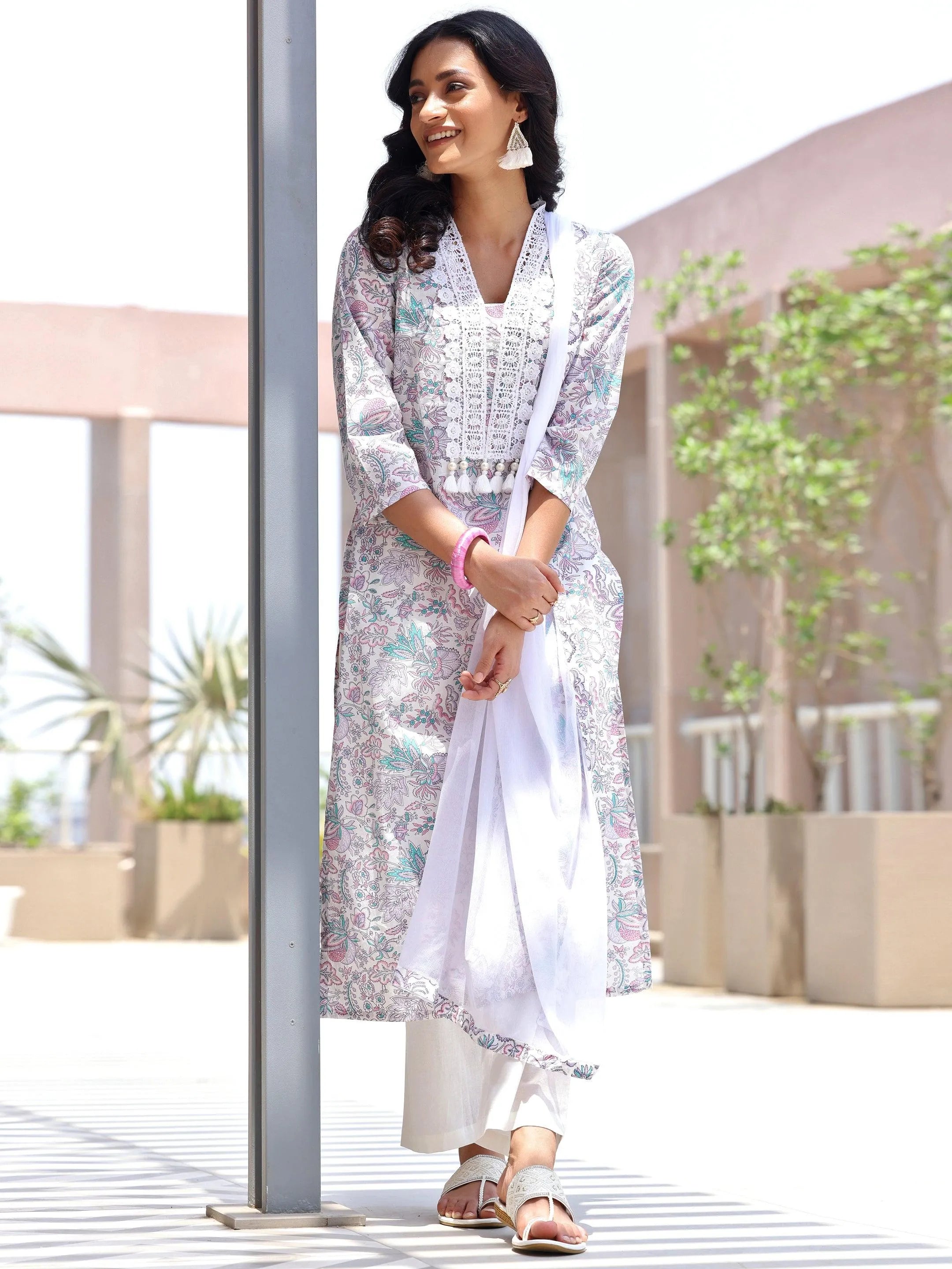 Off White Printed Cotton Straight Suit With Dupatta